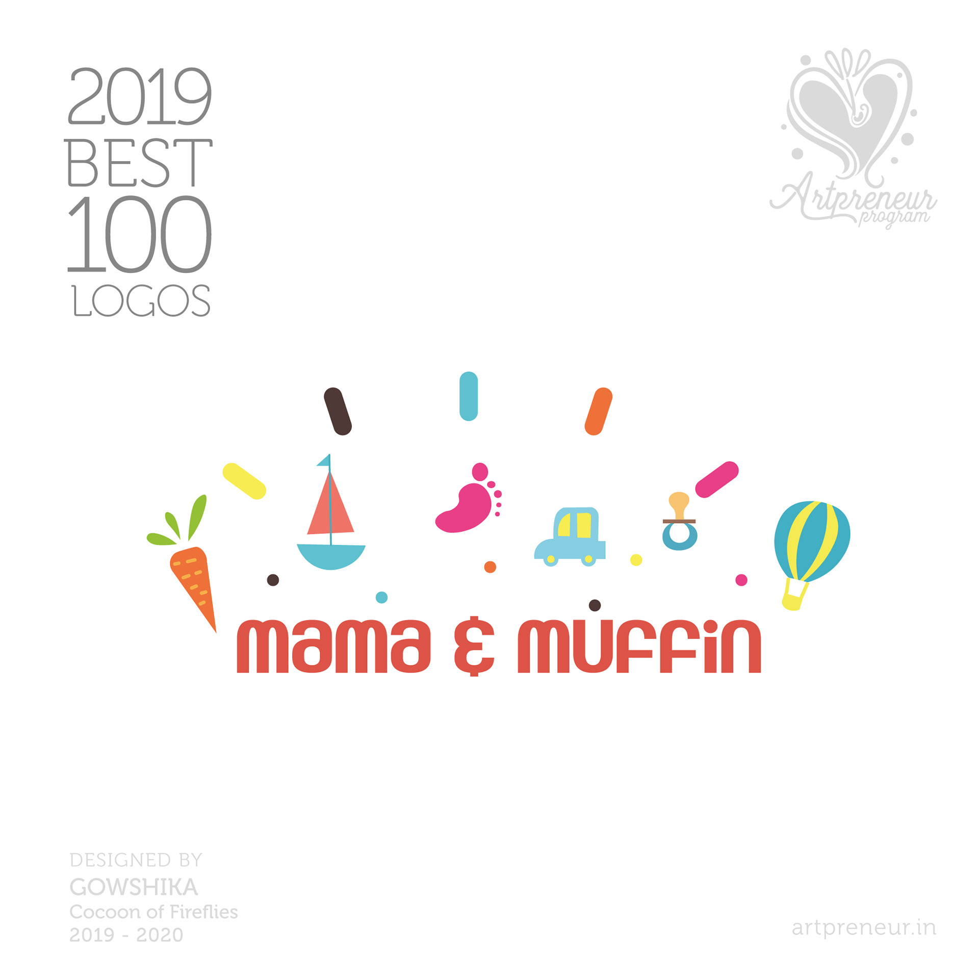 100 best logos of Atma Studios 2019: Mama and Muffin logo with colourful icons