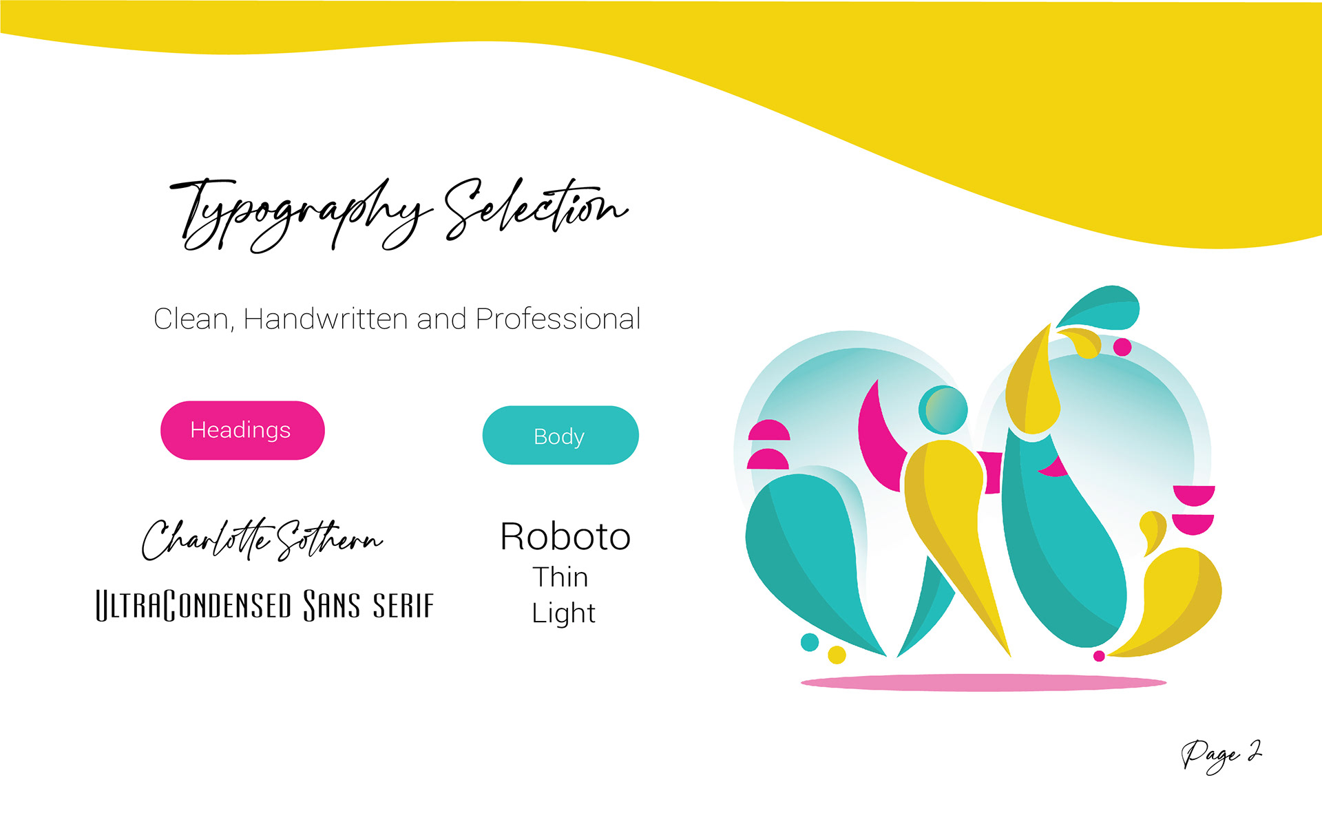 Studio Pistache brand book: typography selection with Charlotte Southern and Roboto beside an abstract illustration