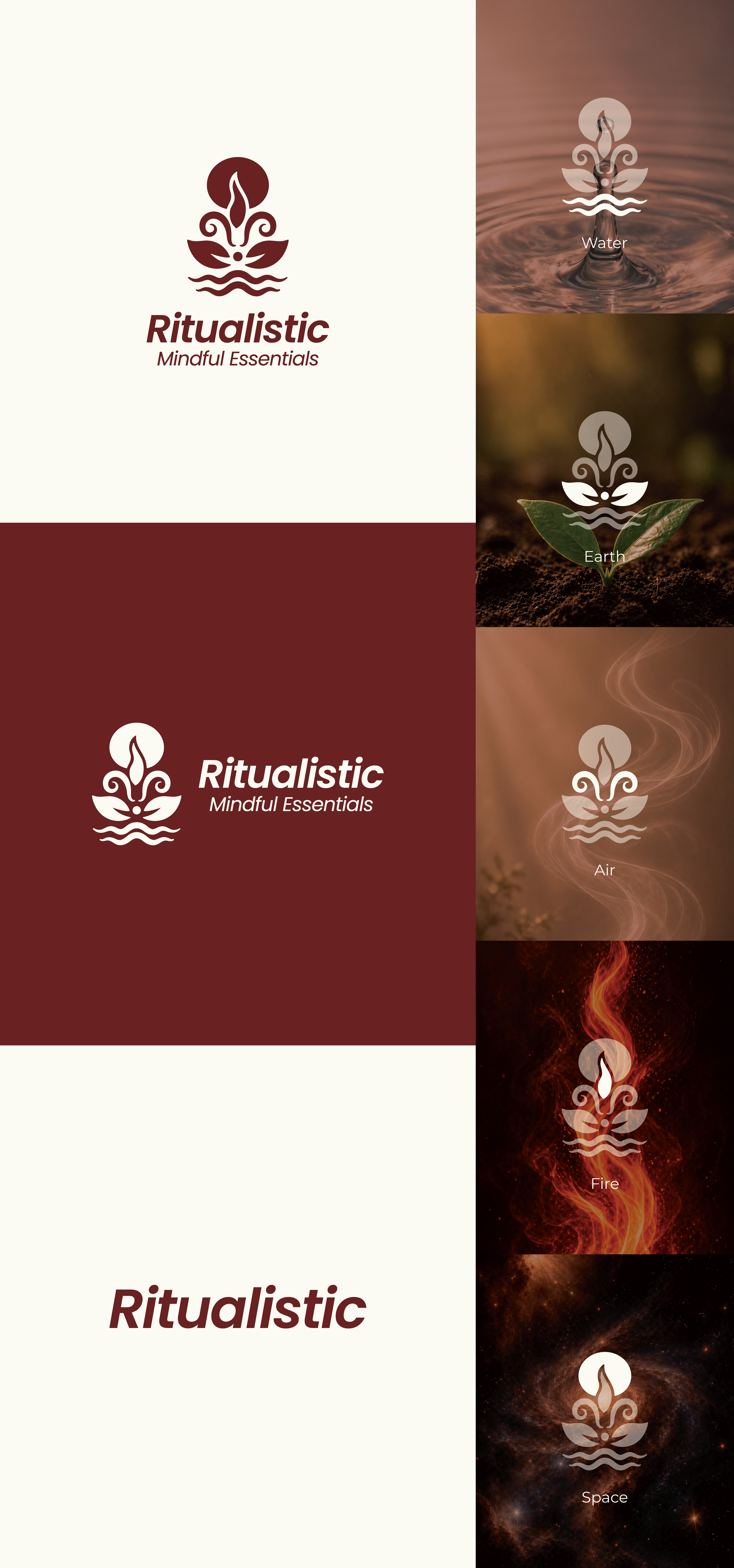Ritualistic mindful essentials brand: logo on vertical maroon and white banners