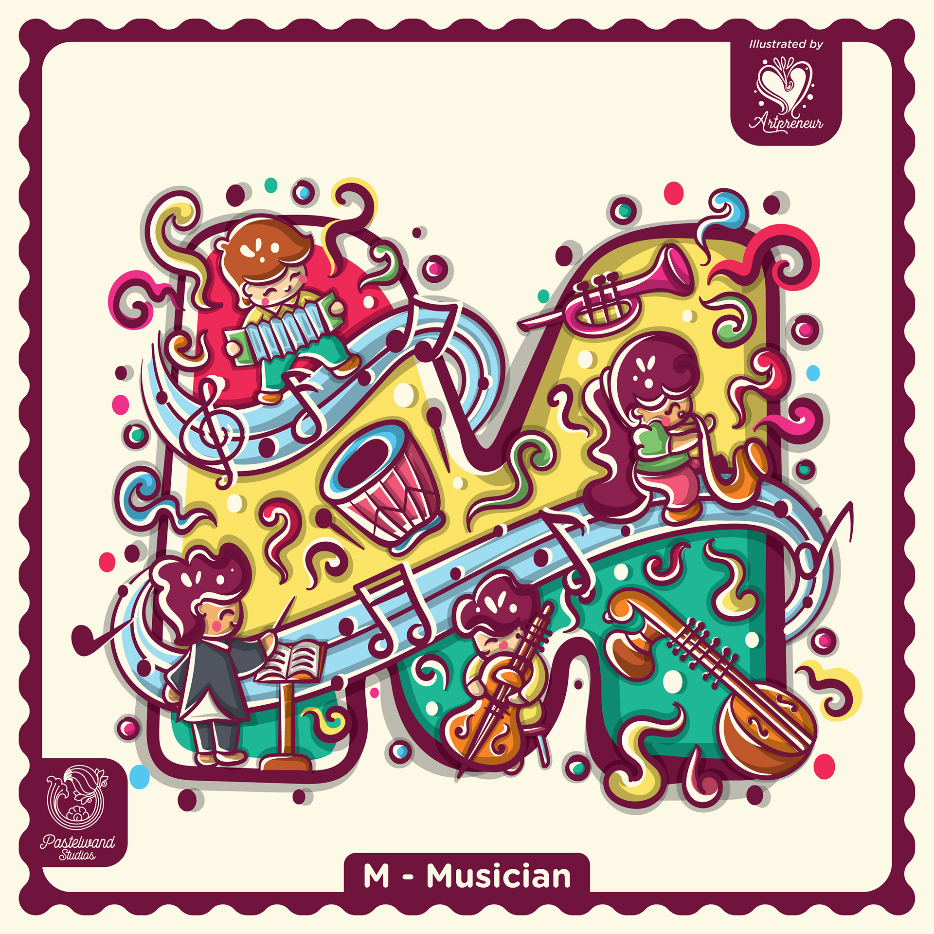 My Little Career ABC children's book: M for Musician, an illustrated letter filled with tools and tiny characters