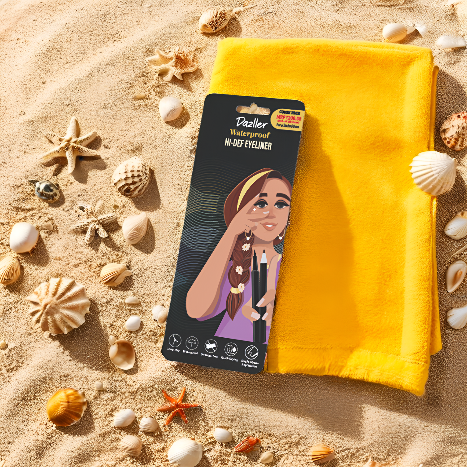 Dazller Hi-Def waterproof eyeliner packaging: dual pack eyeliner on a yellow towel with seashells