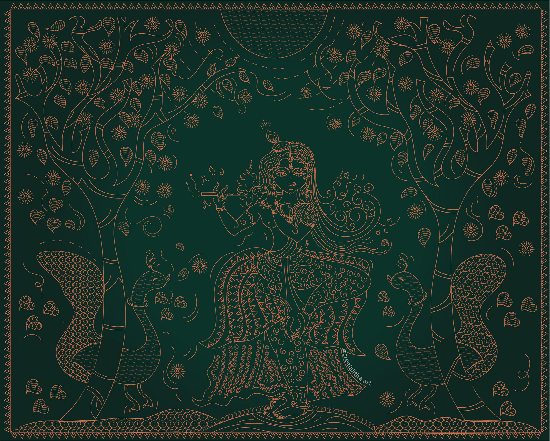 20 tree-based illustrations collective: #33 Gold line art on dark green