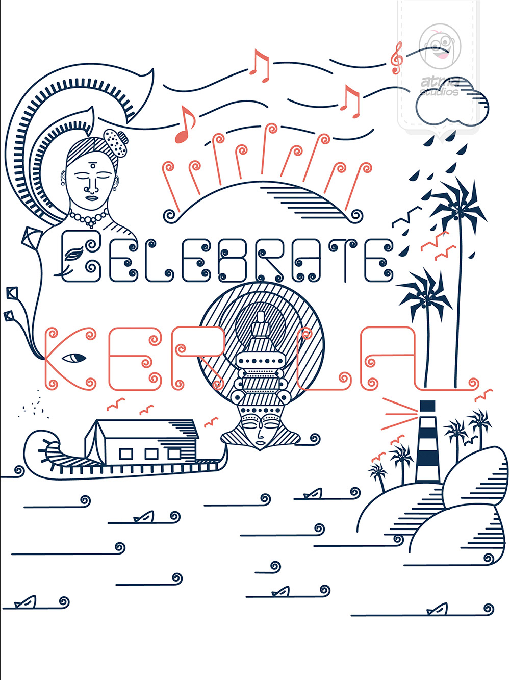 Kerala T-shirt designs 2013: Celebrate Kerala line artwork with Kathakali, boats and palms
