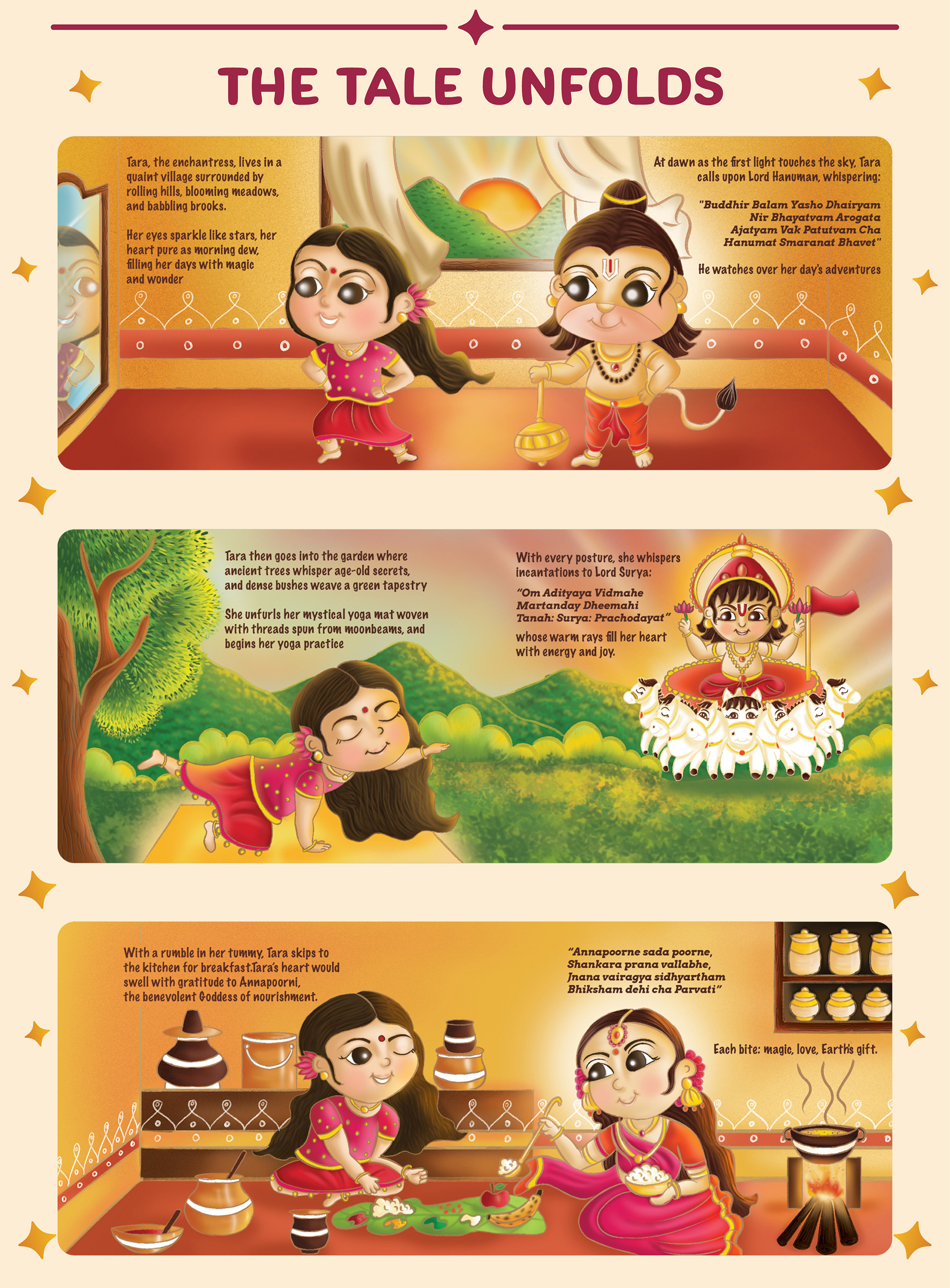 Enchanted Echoes children's book of slokas: the tale unfolds, three illustrated spreads