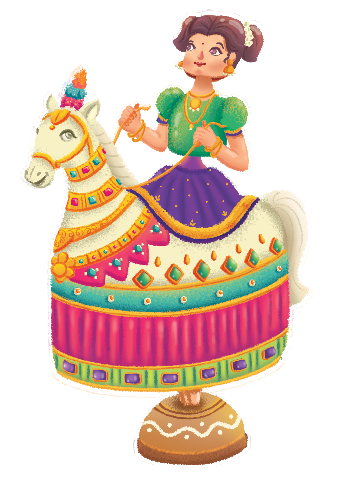 Vidhaippom Meithamizhai Tamil alphabet board book: girl riding a decorated horse illustration