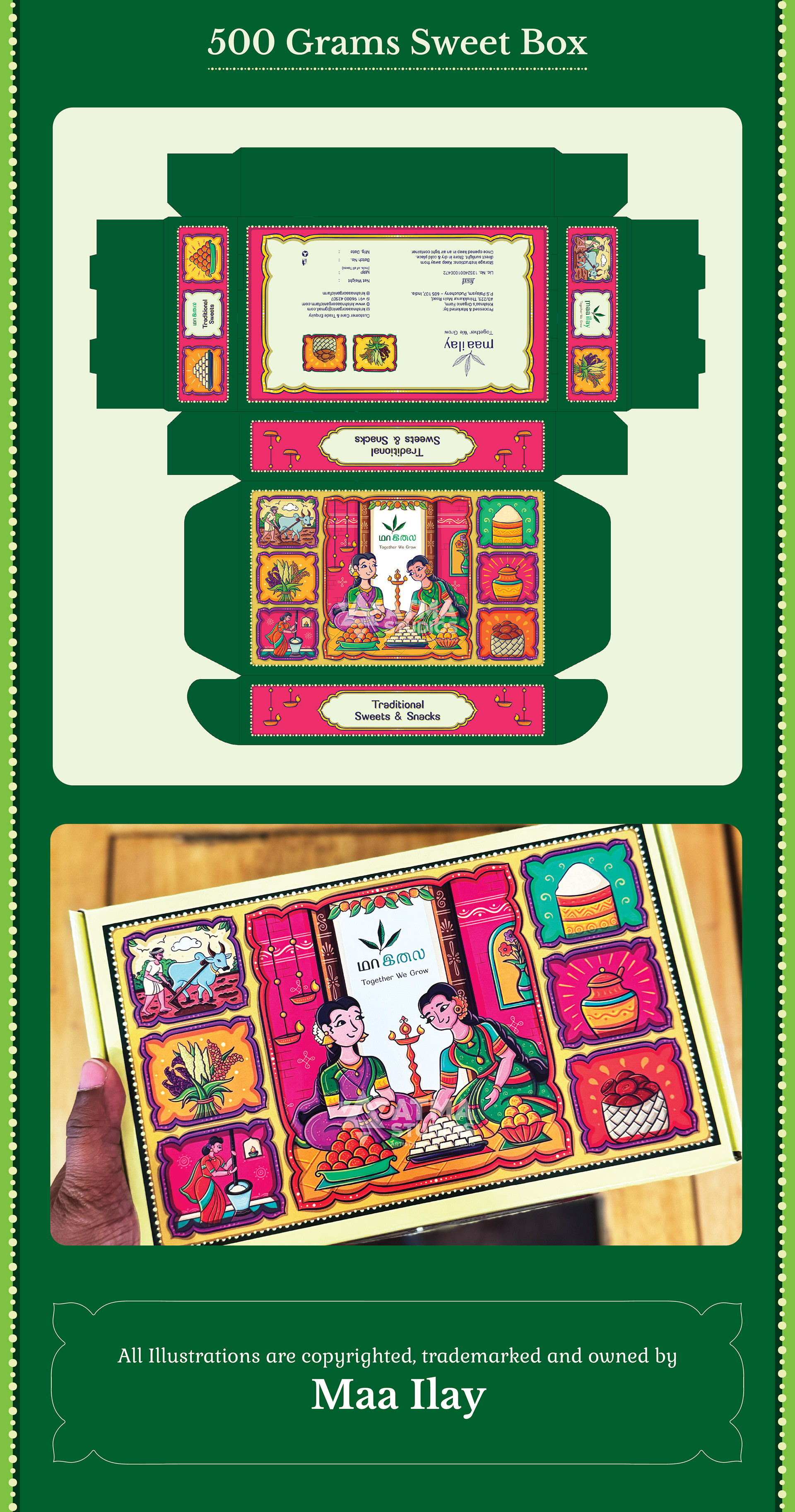 Maa Ilay illustrated sweet box package design: package dieline for the 500 gram sweet box
