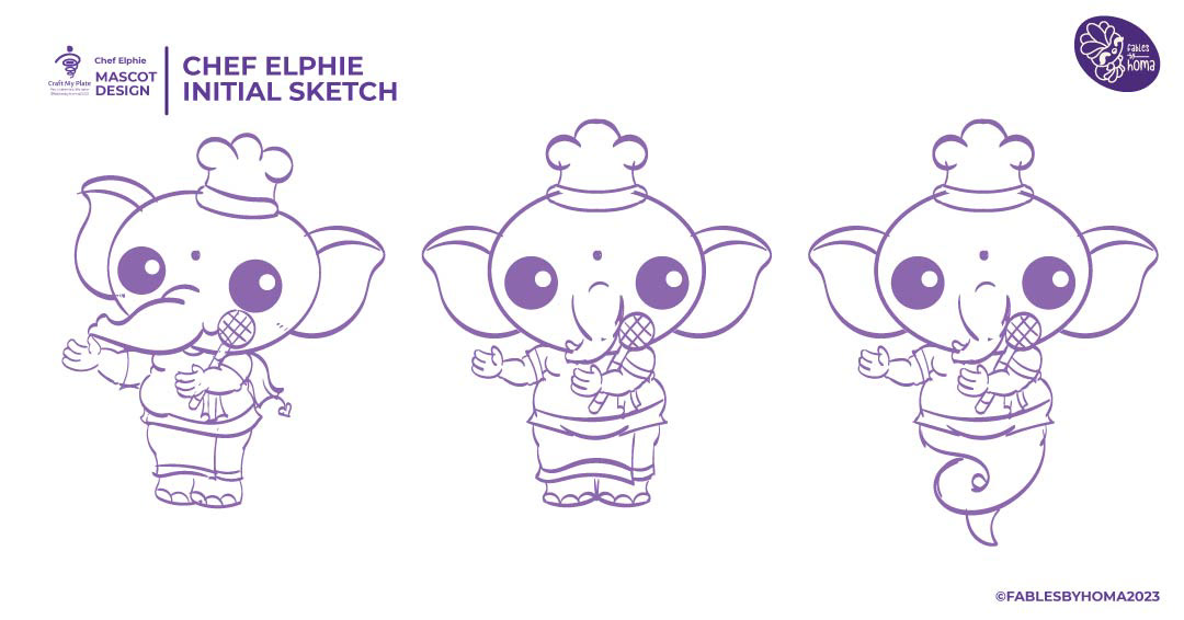 Craft My Plate catering app logo and mascot design: Chef Elphie initial sketches