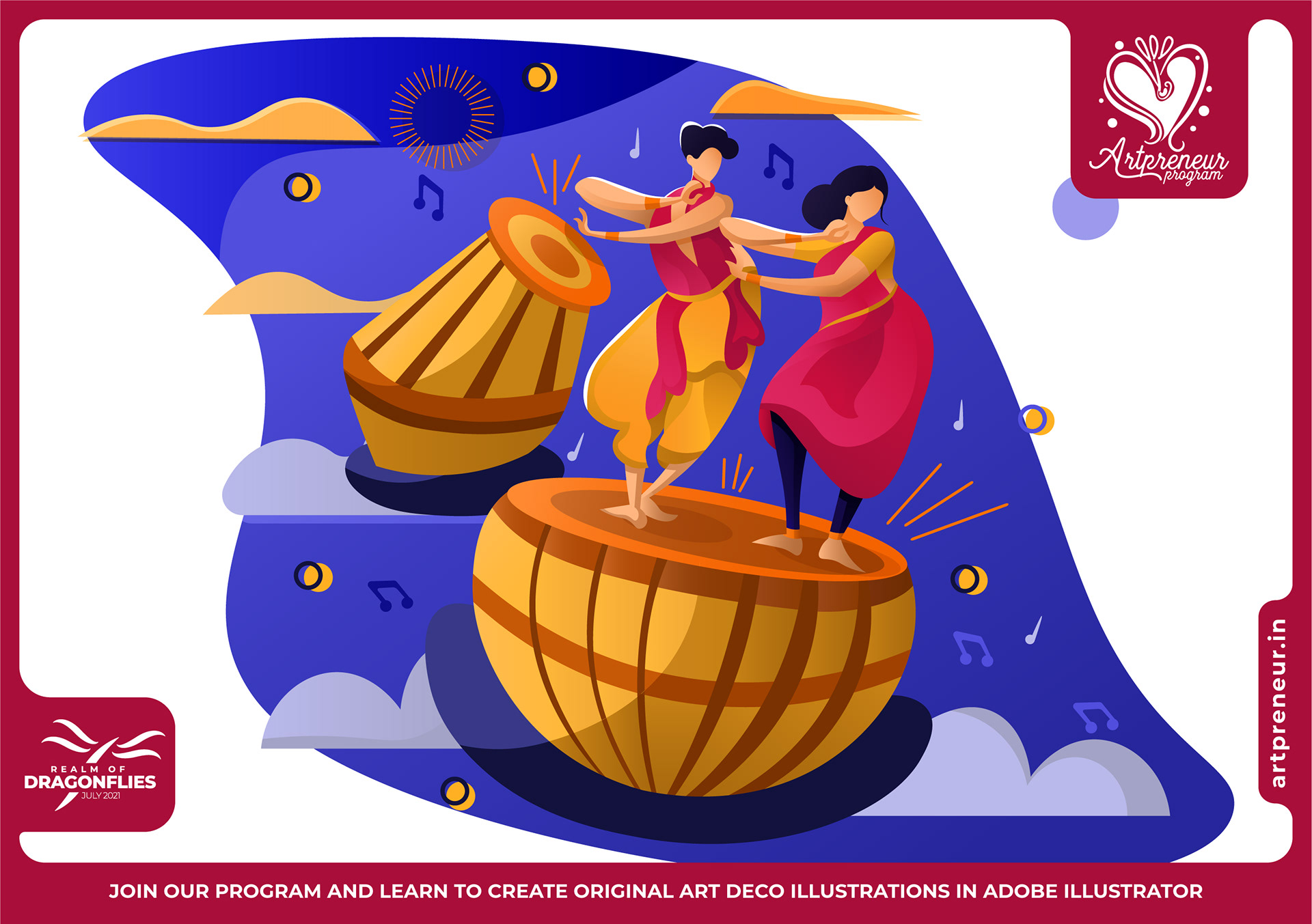 20 Art Deco flat illustrations: #14 Drummers and dancer