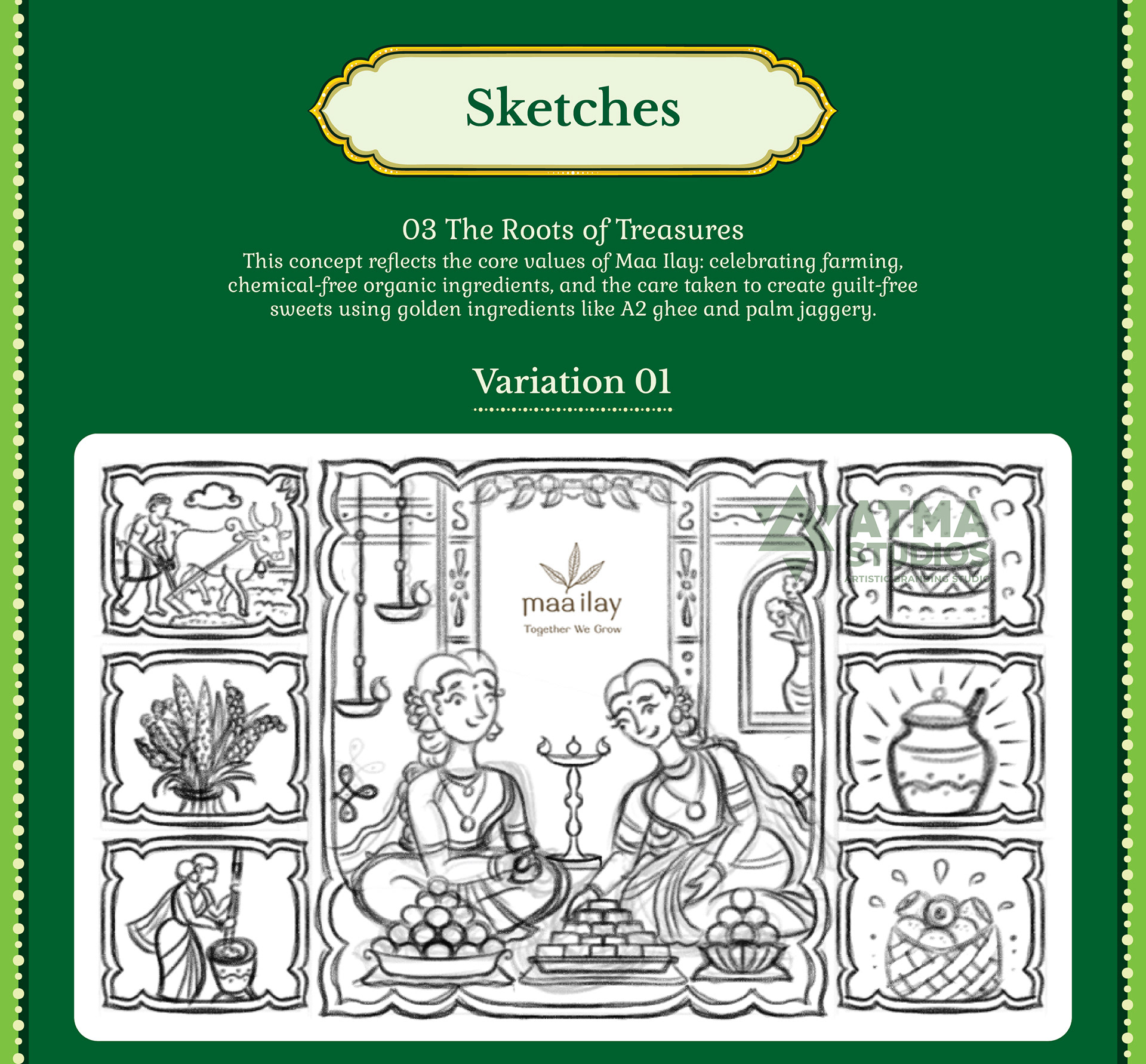 Maa Ilay illustrated sweet box package design: sketch variation 01, the room of treasures