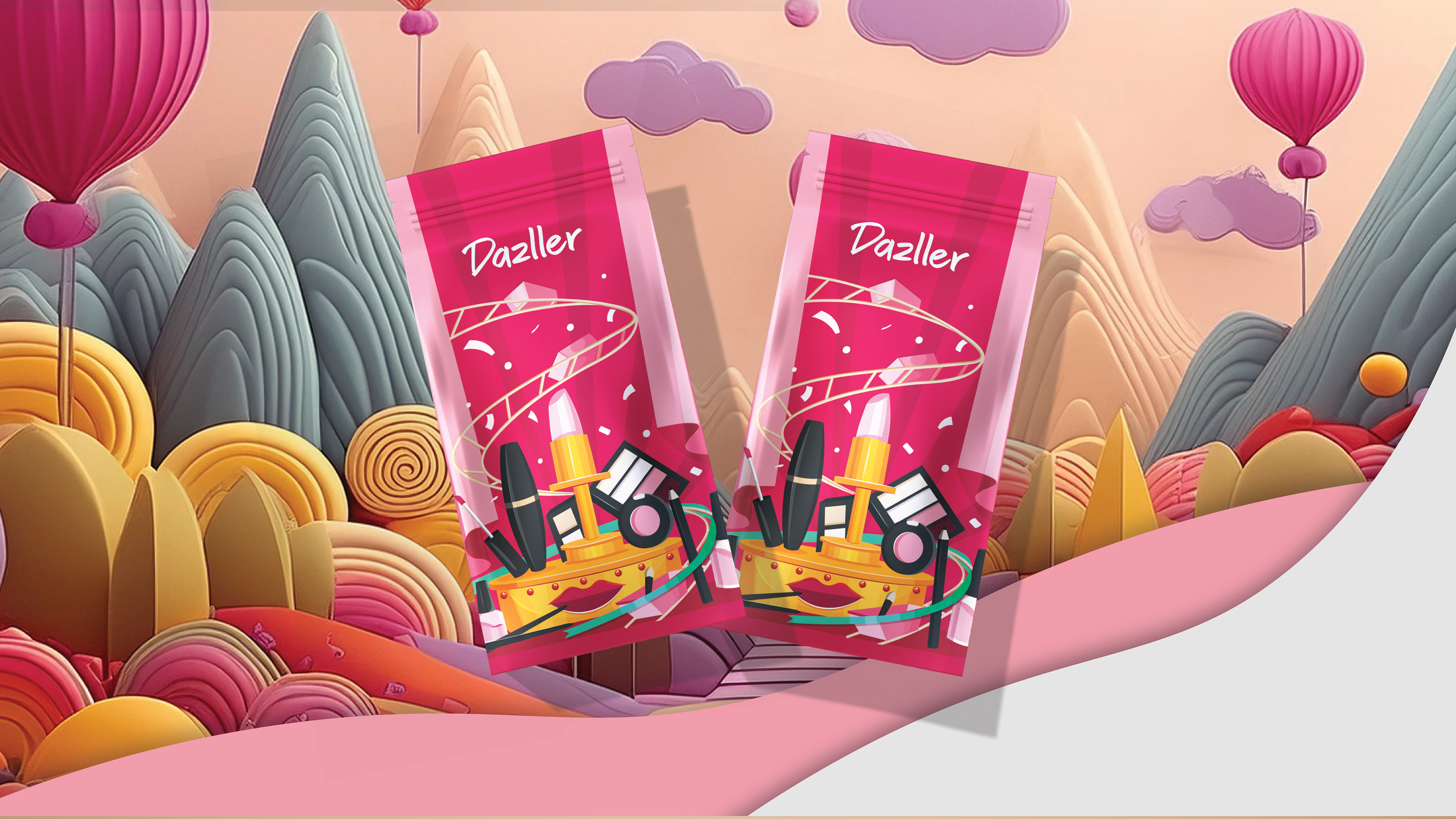 Dazller e-commerce pouch package design: pouches in a paper-cut candy land scene