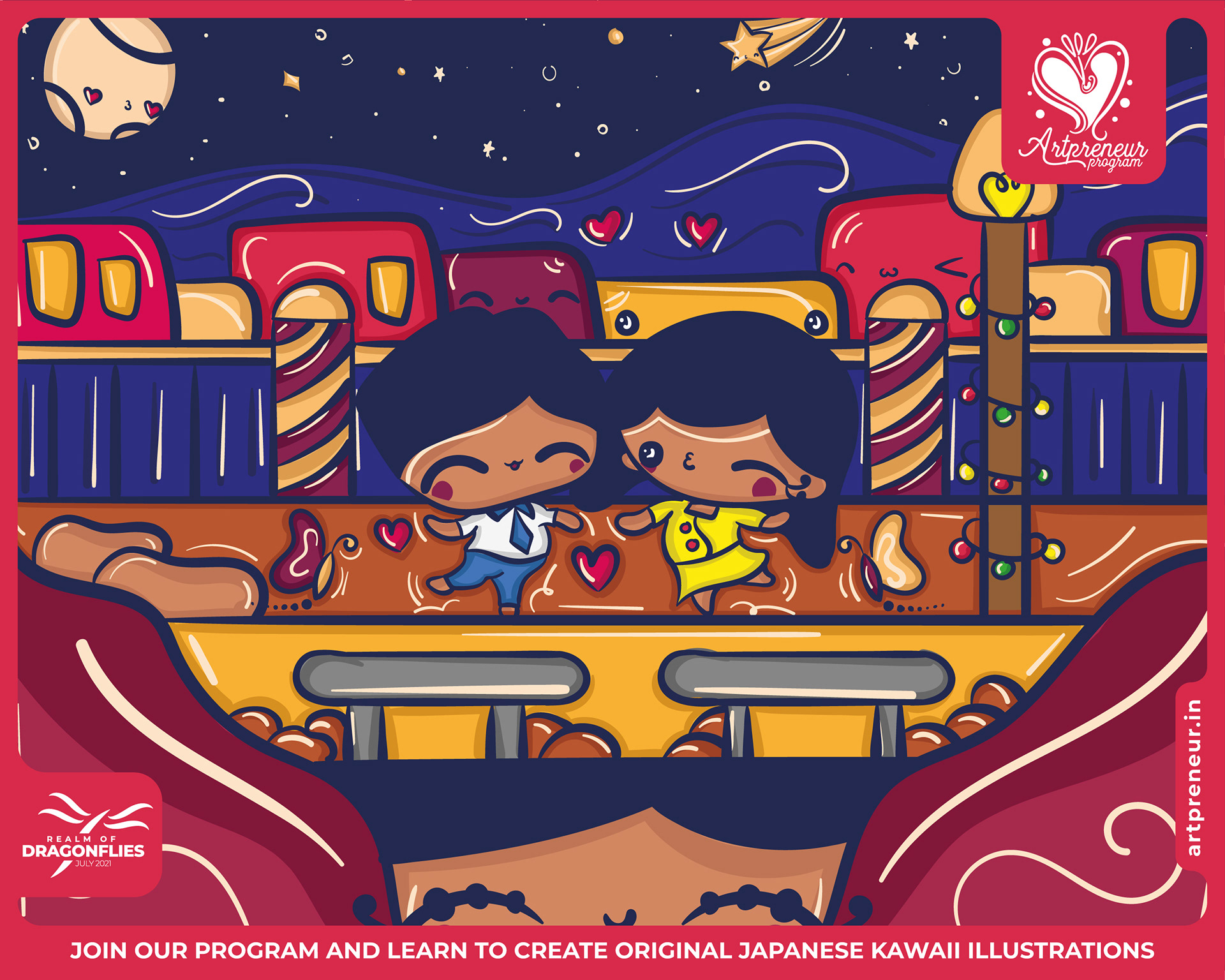 30 kawaii cute illustrations: #21 Friends at a night carnival