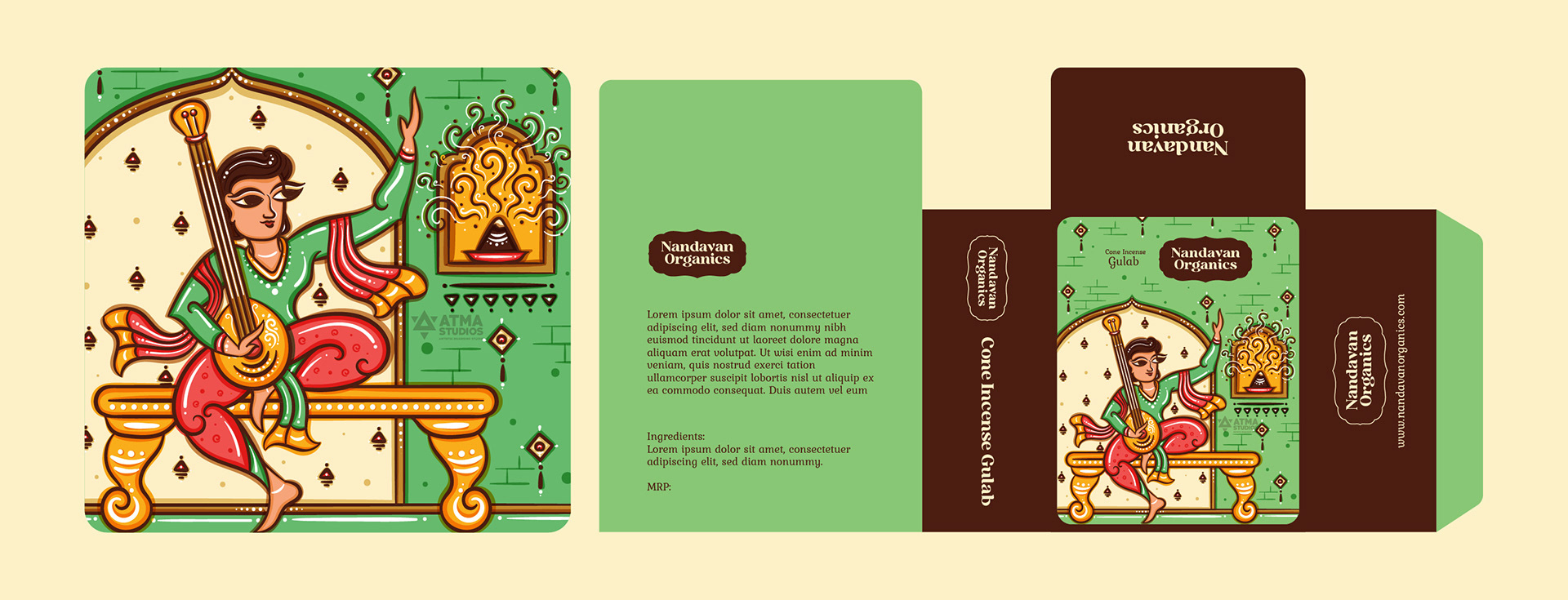 Nandavan Organics package illustrations in neo Bengal folk art: cone incense box dieline