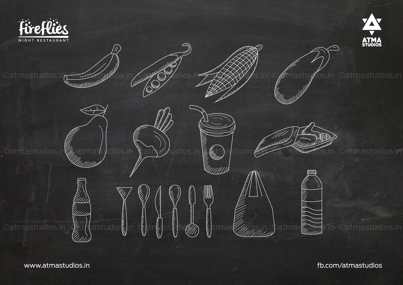Fireflies chalk icon set: fruits, vegetables, drinks and cutlery