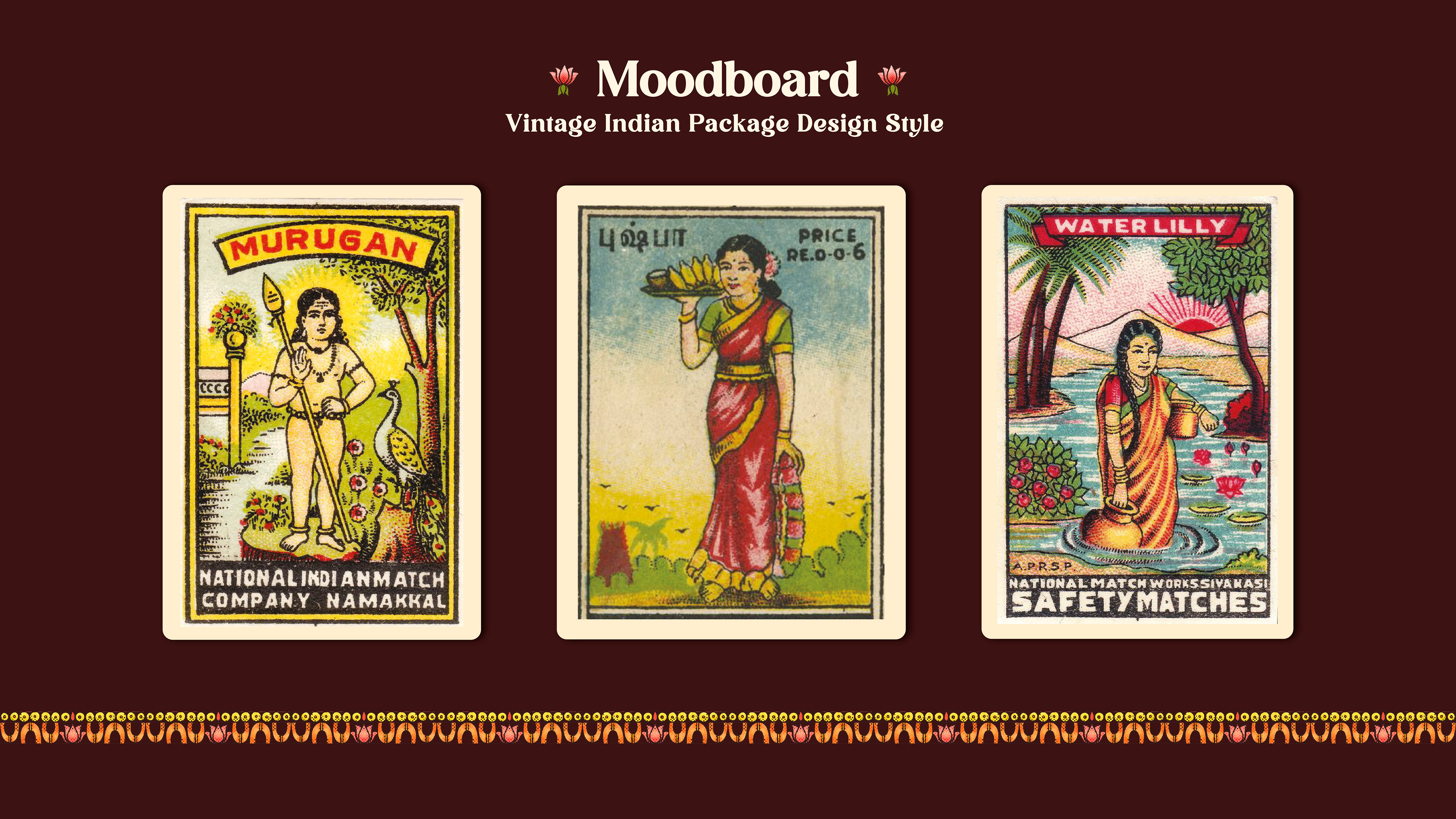 Smarana Lord Rama series incense packaging: moodboard of vintage Indian package design