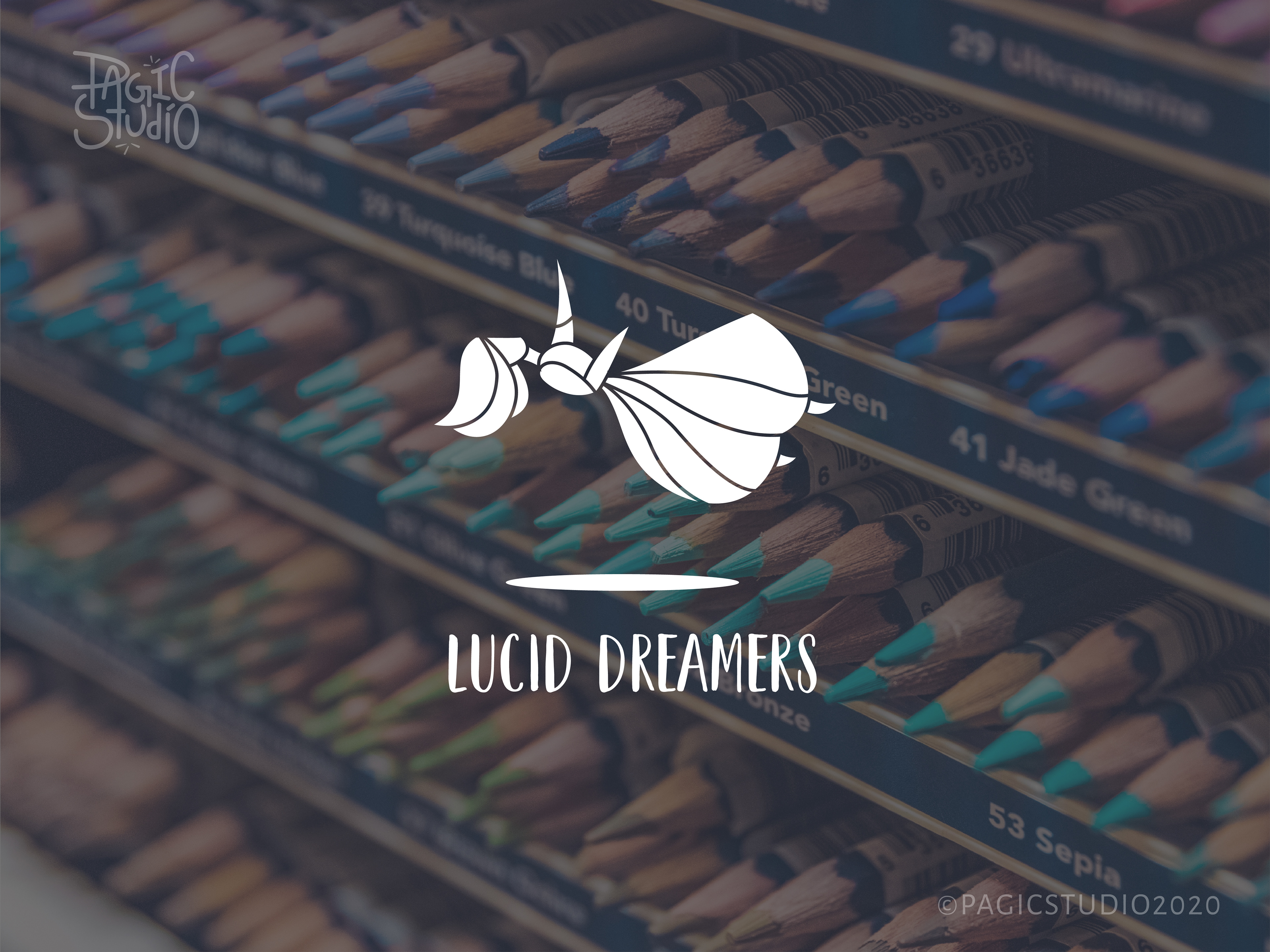 Lucid Dreamers art supplies store brand: white logo over a tray of pastel sticks