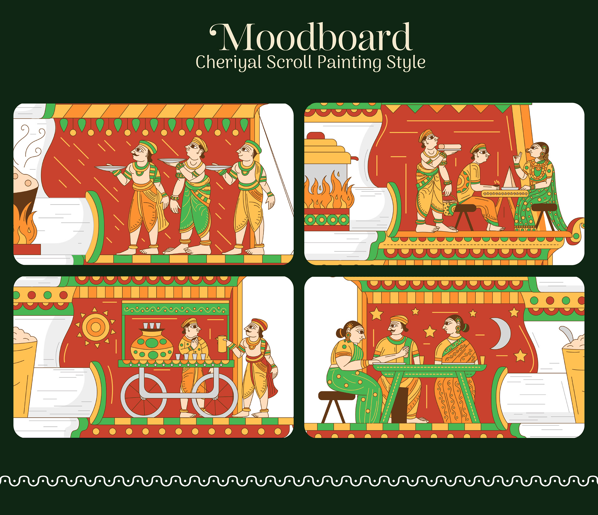 India Spice House restaurant wall art in Cheriyal scroll style, USA: moodboard of Cheriyal scroll paintings