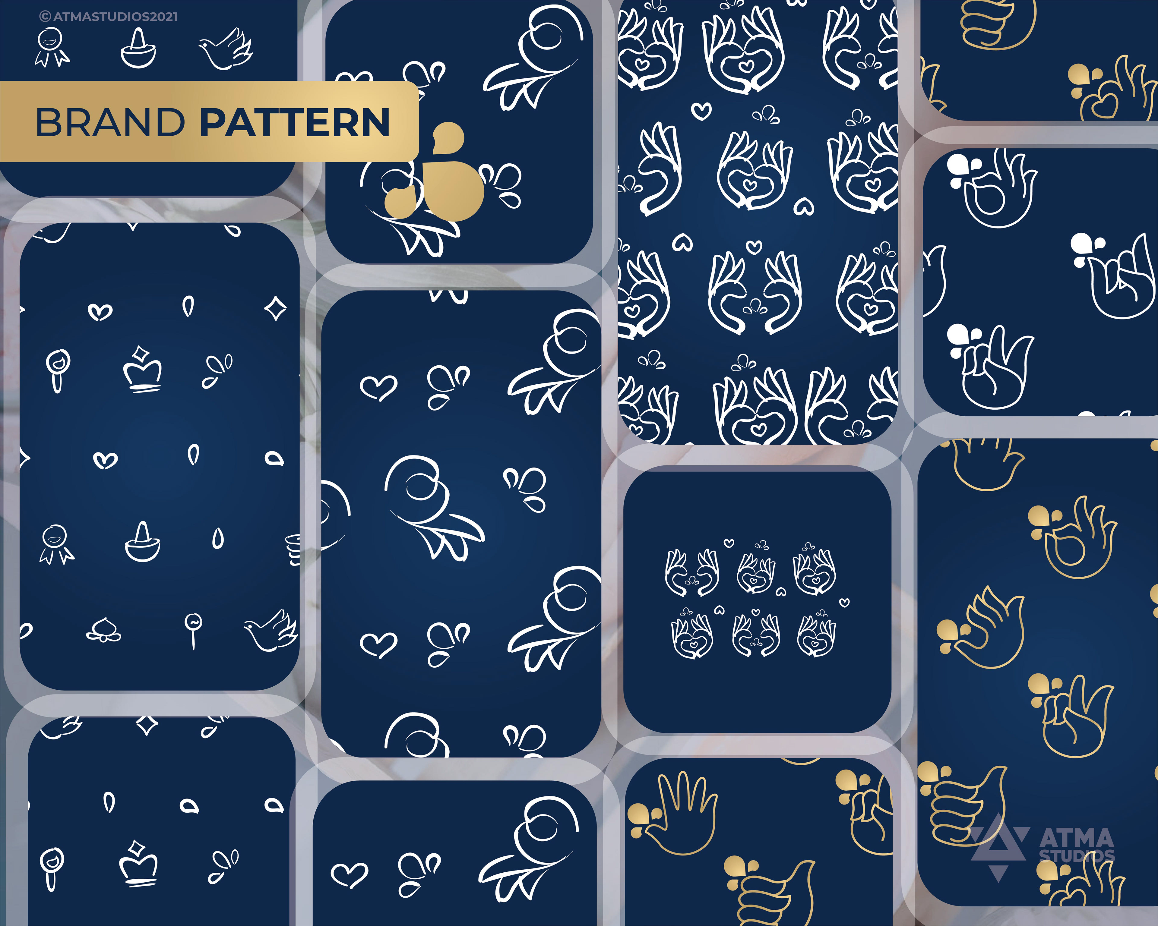 Mughai's Farm Origin Store rebranding: brand pattern tiles of gold icons on navy