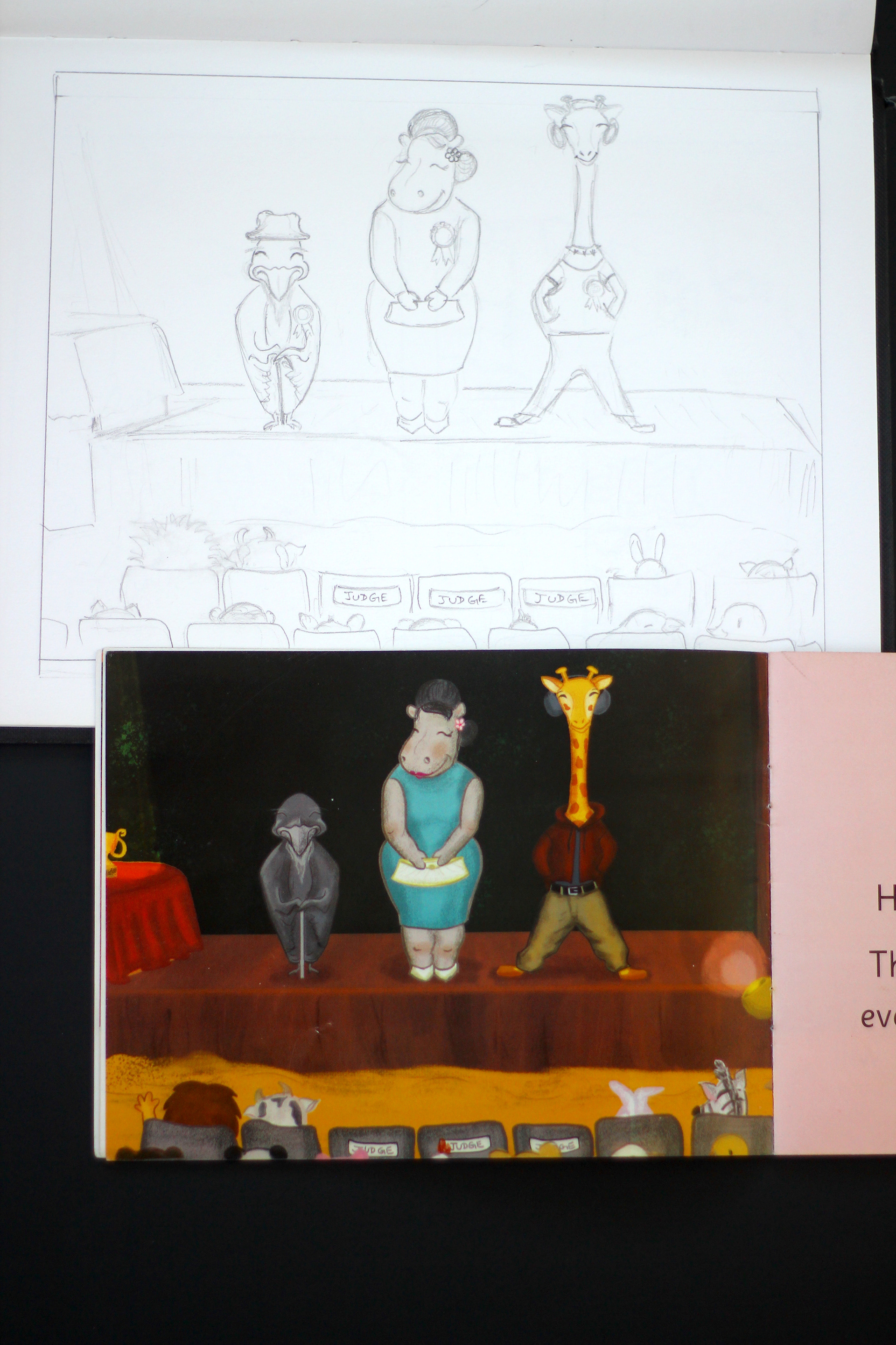 The Missing Prizes children's book: sketch and printed spread of the judges on stage