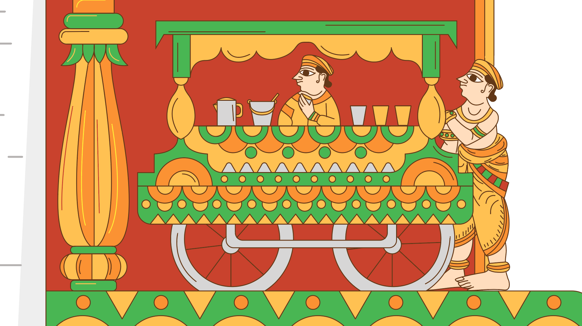 Cheriyal scroll Indian folk art food illustrations: scroll panel 9: a market cart selling sweets