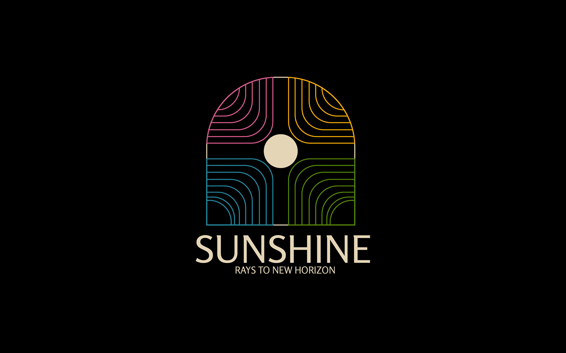 Sunshine logo design: arched rainbow line logo with a sun on black, logo design by Atma Studios