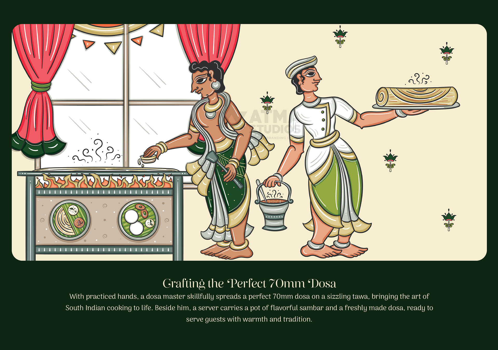 India Spice House restaurant wall art in Cheriyal scroll style, USA: chefs grilling dosa at a window