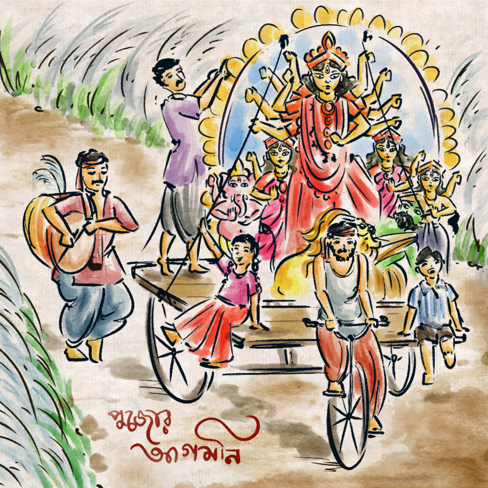 Durga Puja in watercolour: #2 Bringing the idol home on a cycle rickshaw