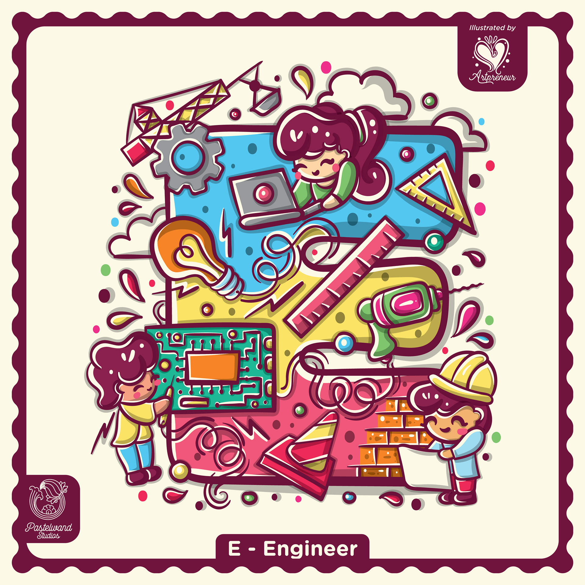 My Little Career ABC children's book: E for Engineer, an illustrated letter filled with tools and tiny characters