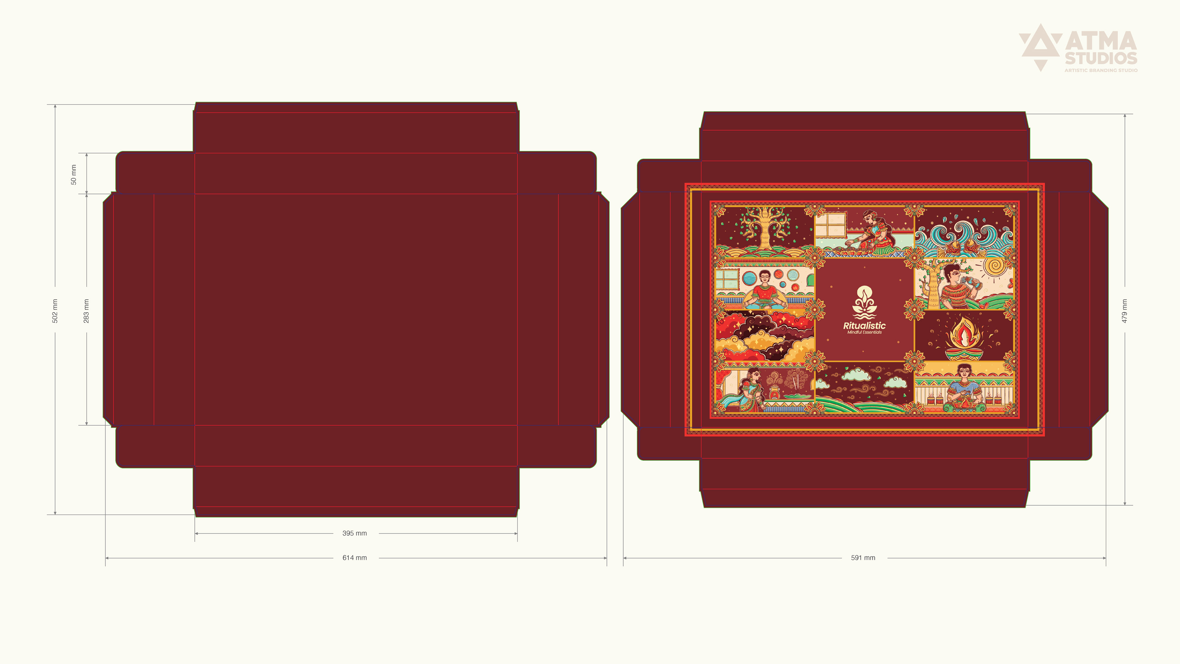 Ritualistic mindful essentials brand: rectangle box packaging die-line and artwork