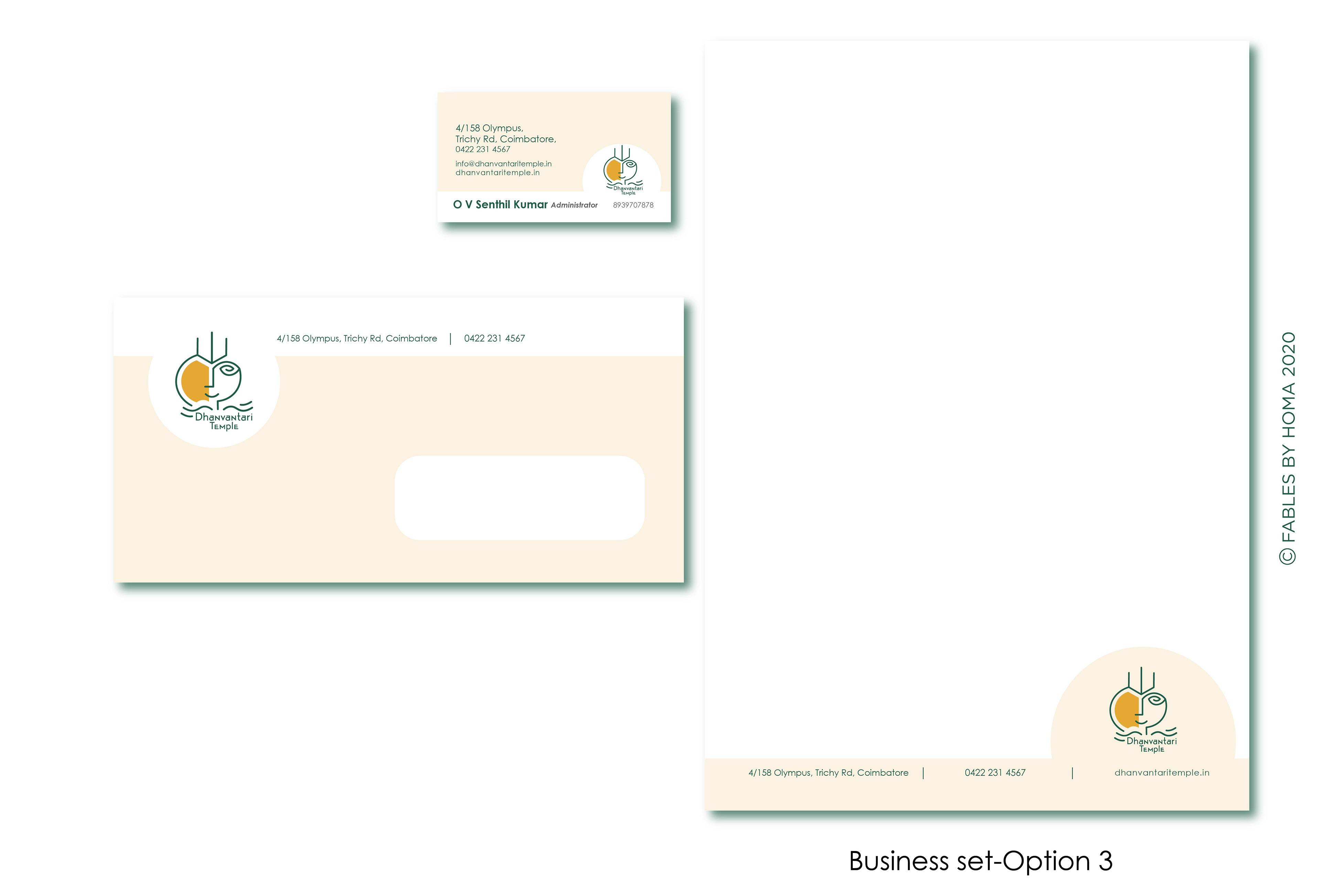 Dhanvantari Temple brand: business stationery set option 3 with letterhead, envelope and cards