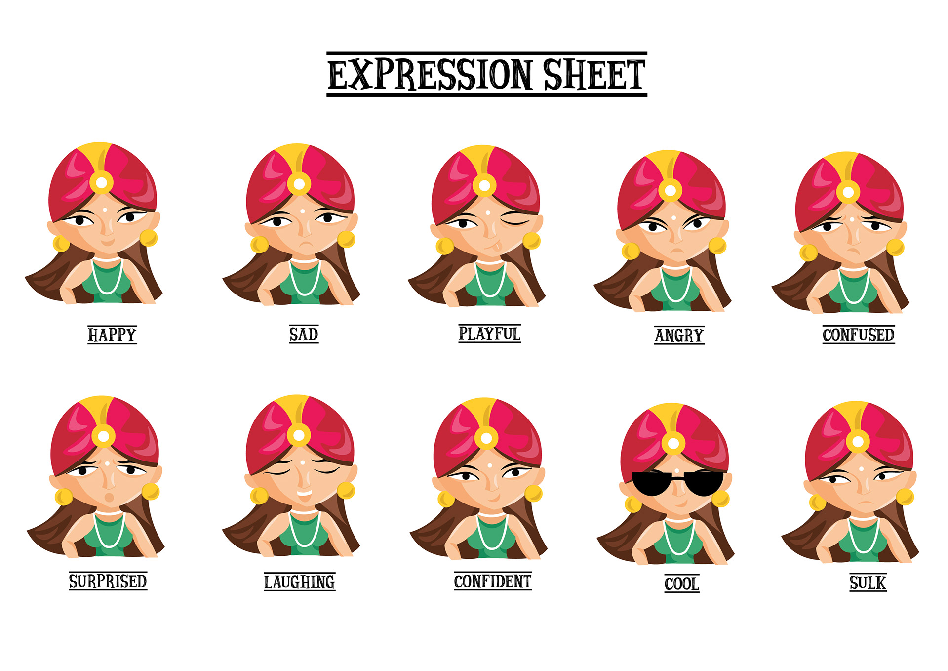 Fusion Plate bakery brand: mascot expression sheet of ten faces