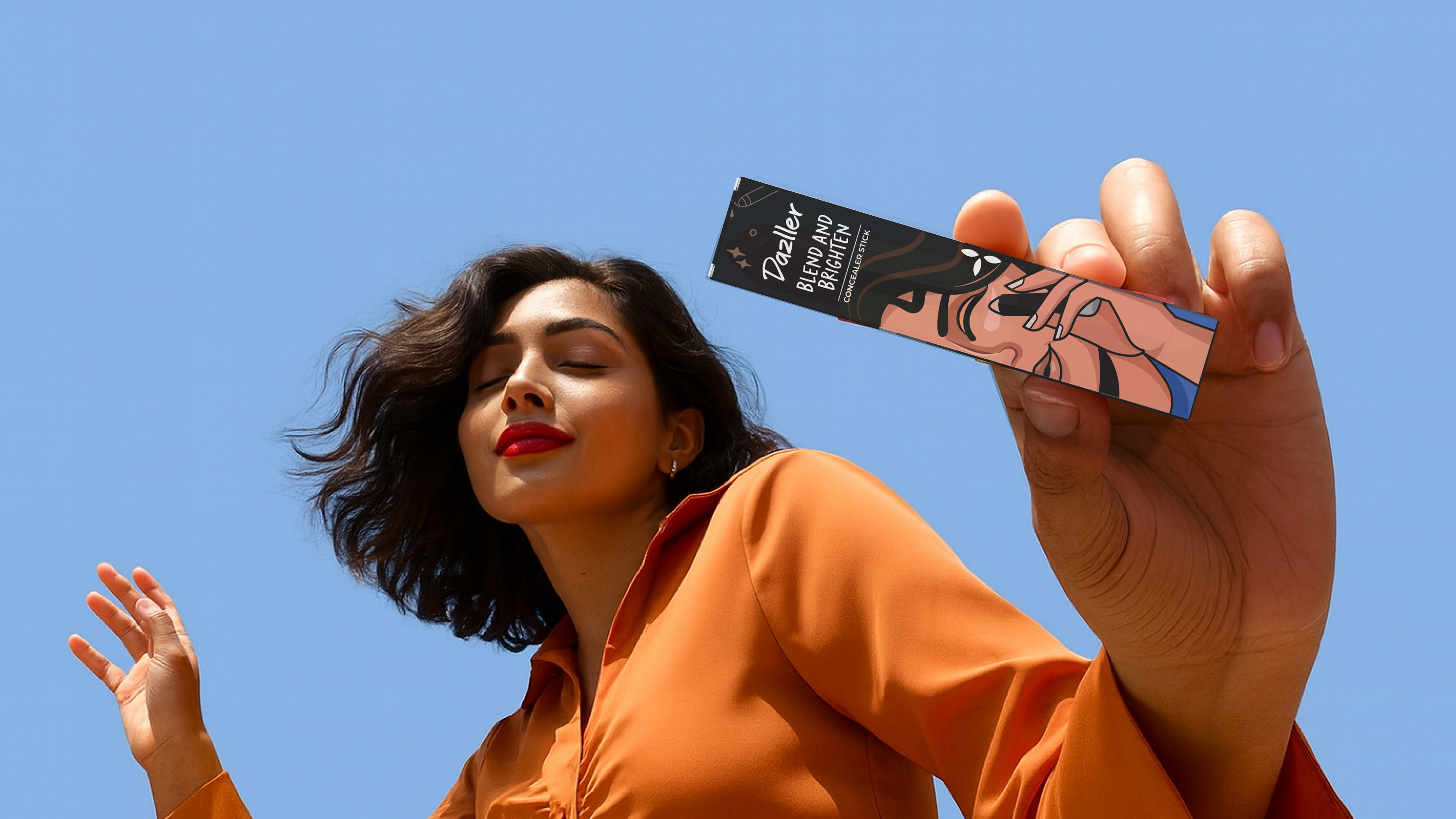 Dazller foundation stick packaging: woman holding the carton up against a blue sky