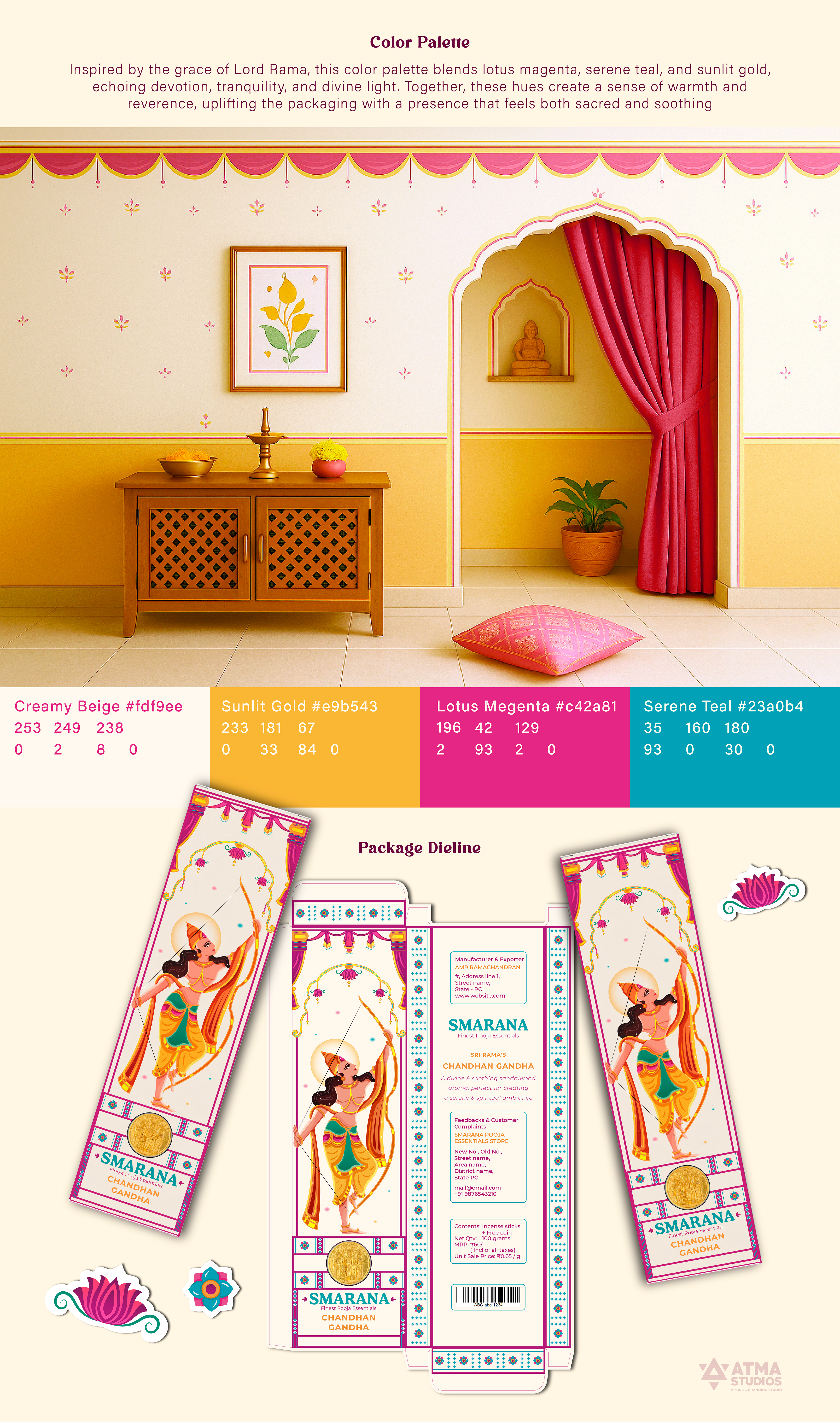 Smarana Lord Rama series incense packaging: incense box 05 dieline in a pink palace room setting