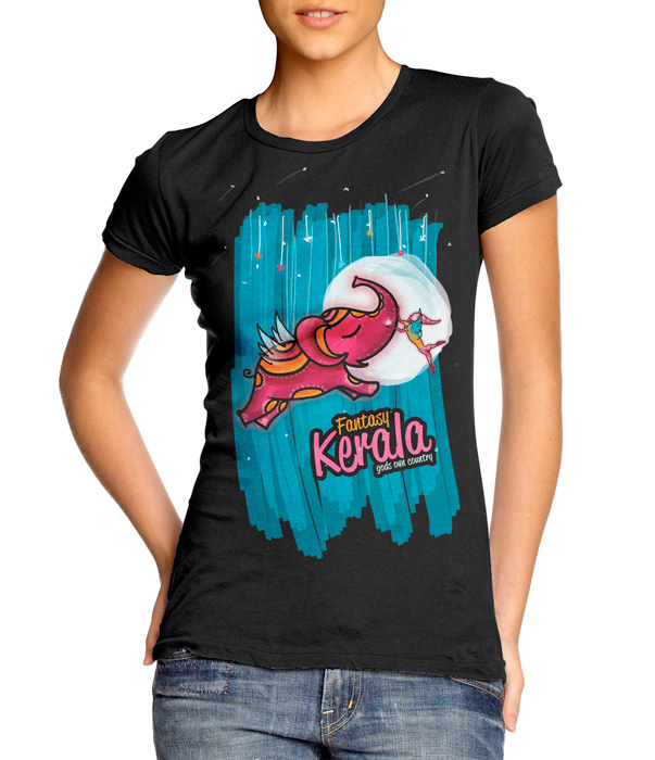 Kerala T-shirt illustrations: woman wearing the black Fantasy Kerala T-shirt