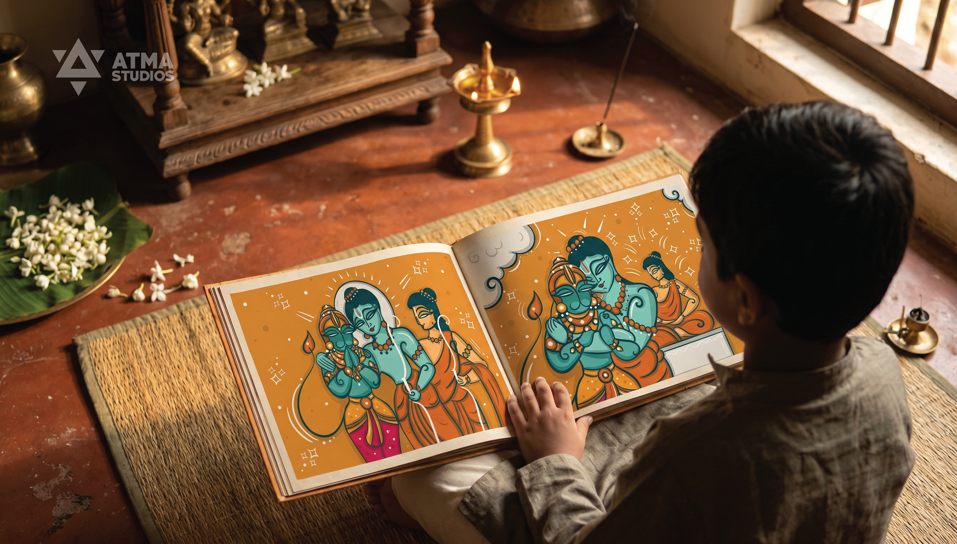 Hanuman Chalisa children's book: child reading the book on a mat