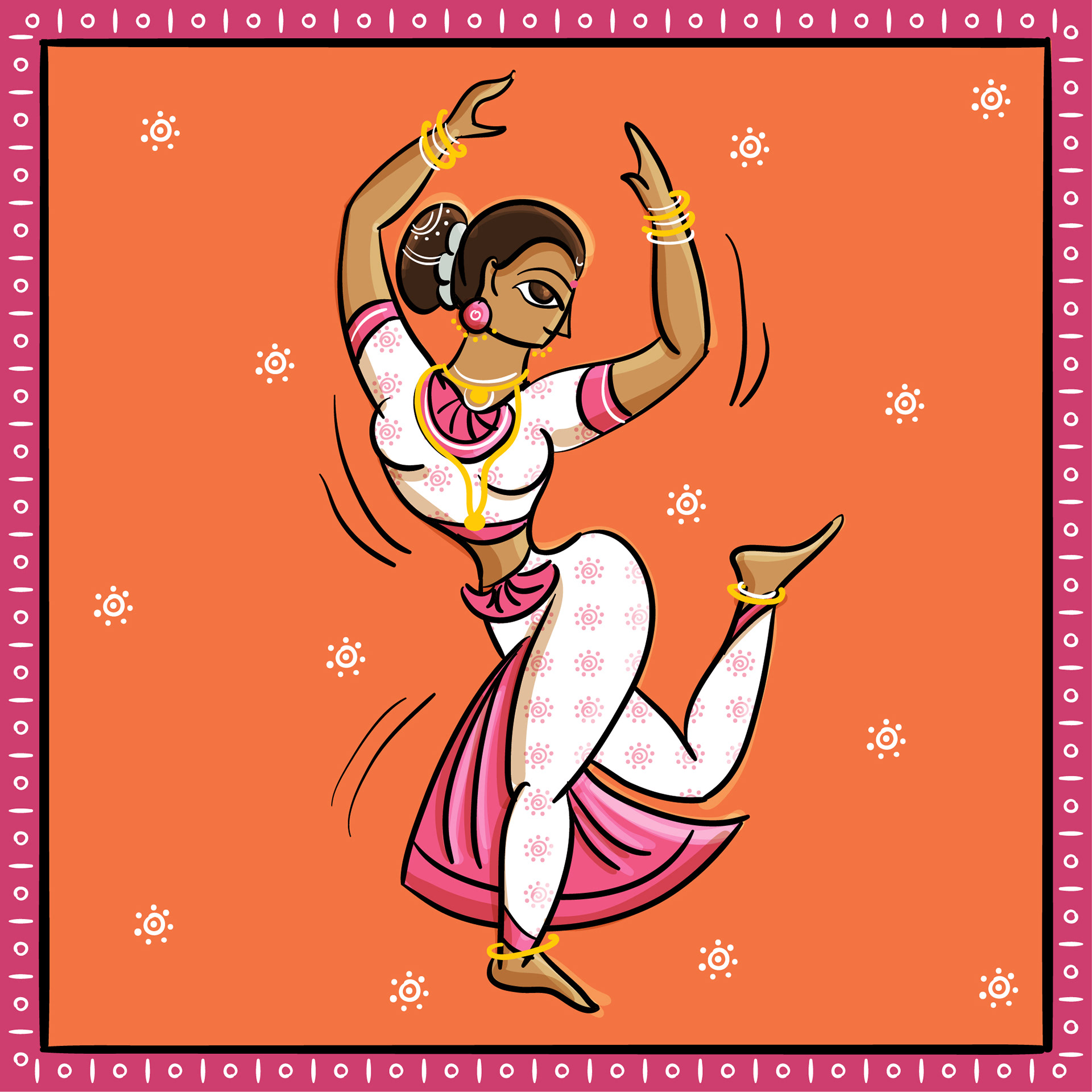 Bengal Pattachitra dancers: #7 Classical Indian dancer on a orange background