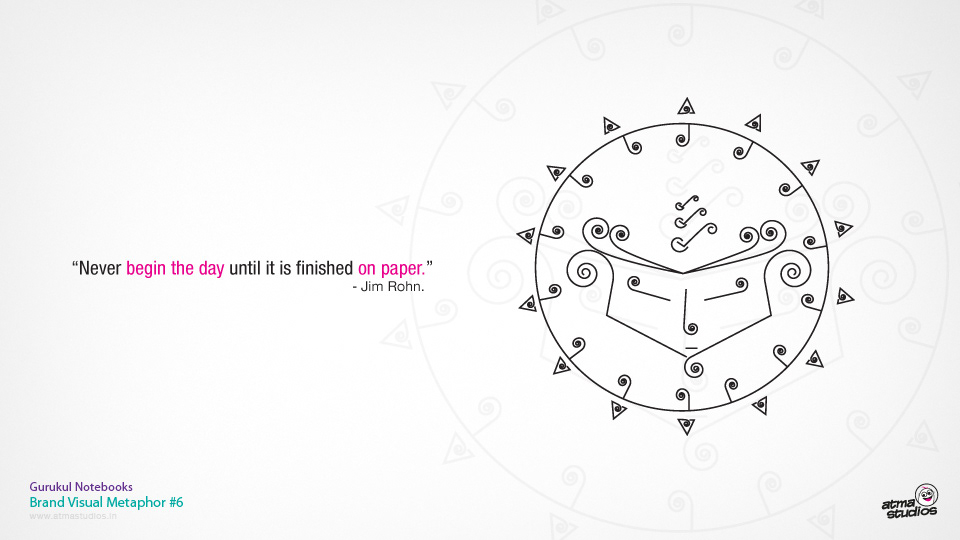 Gurukul Notebooks brand: brand visual metaphor 7, a swirl line illustration of a sun with a quote on writing