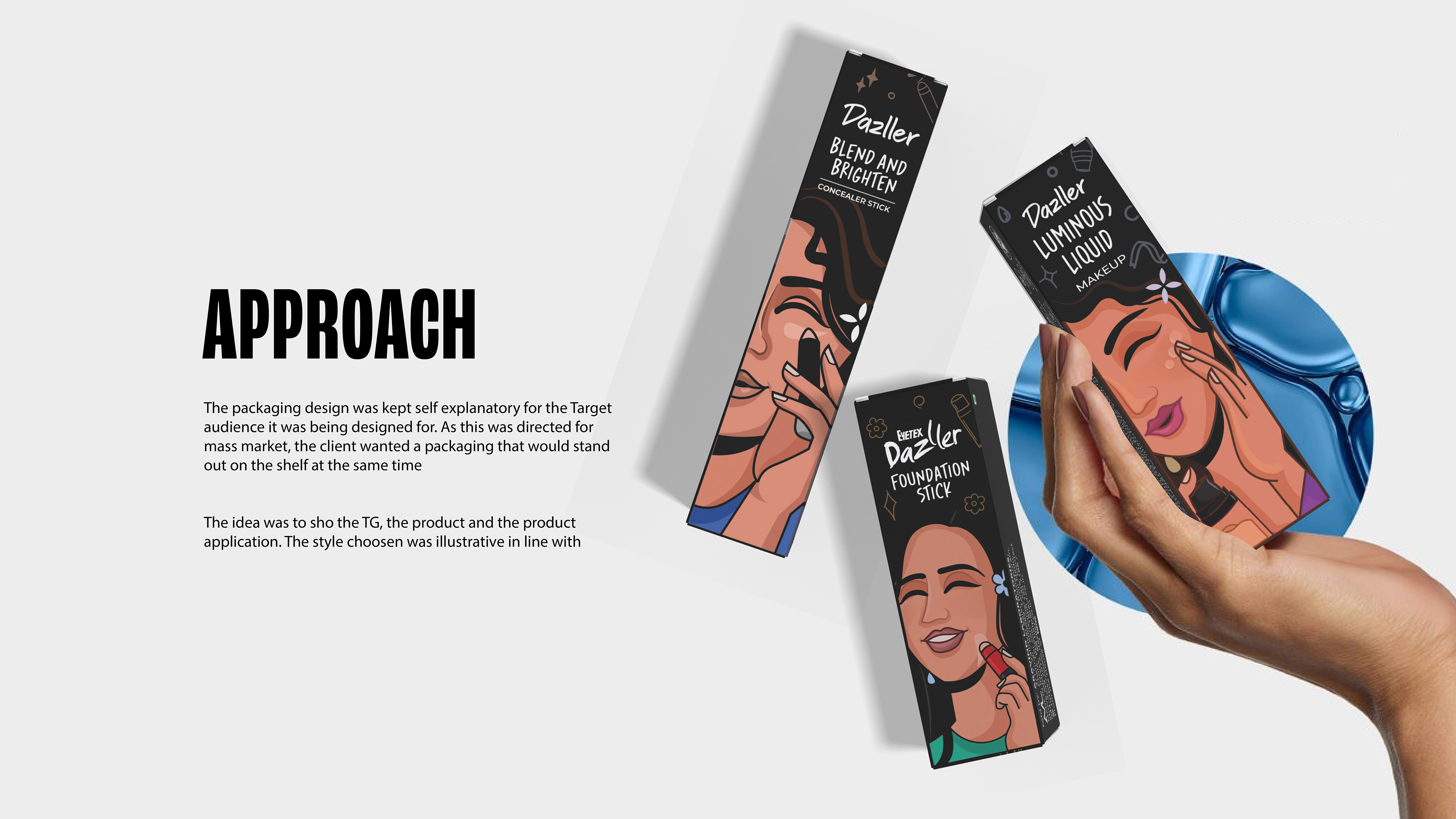 Dazller foundation stick packaging: approach slide with hands holding the illustrated cartons