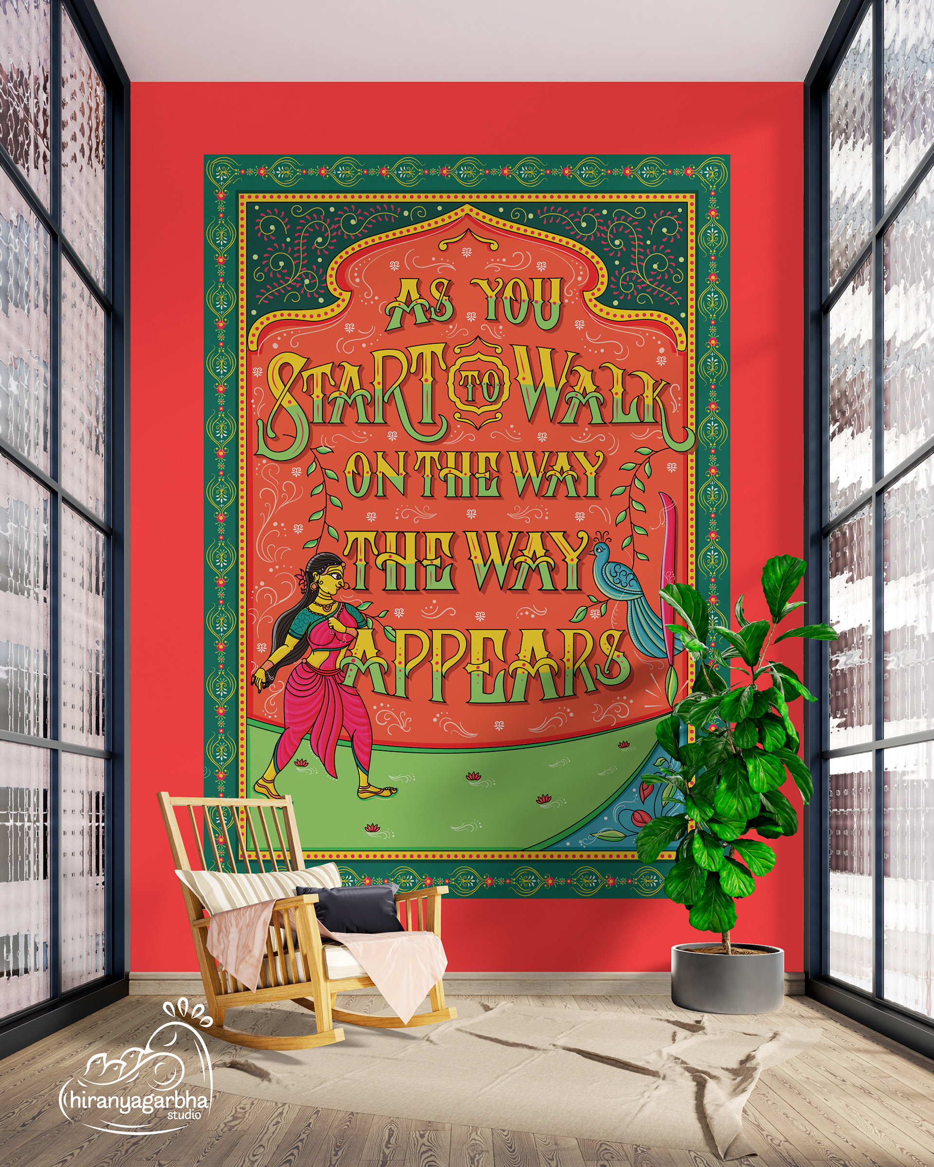 Rumi's destiny quote illustrative lettering: framed lettering poster in a sunroom