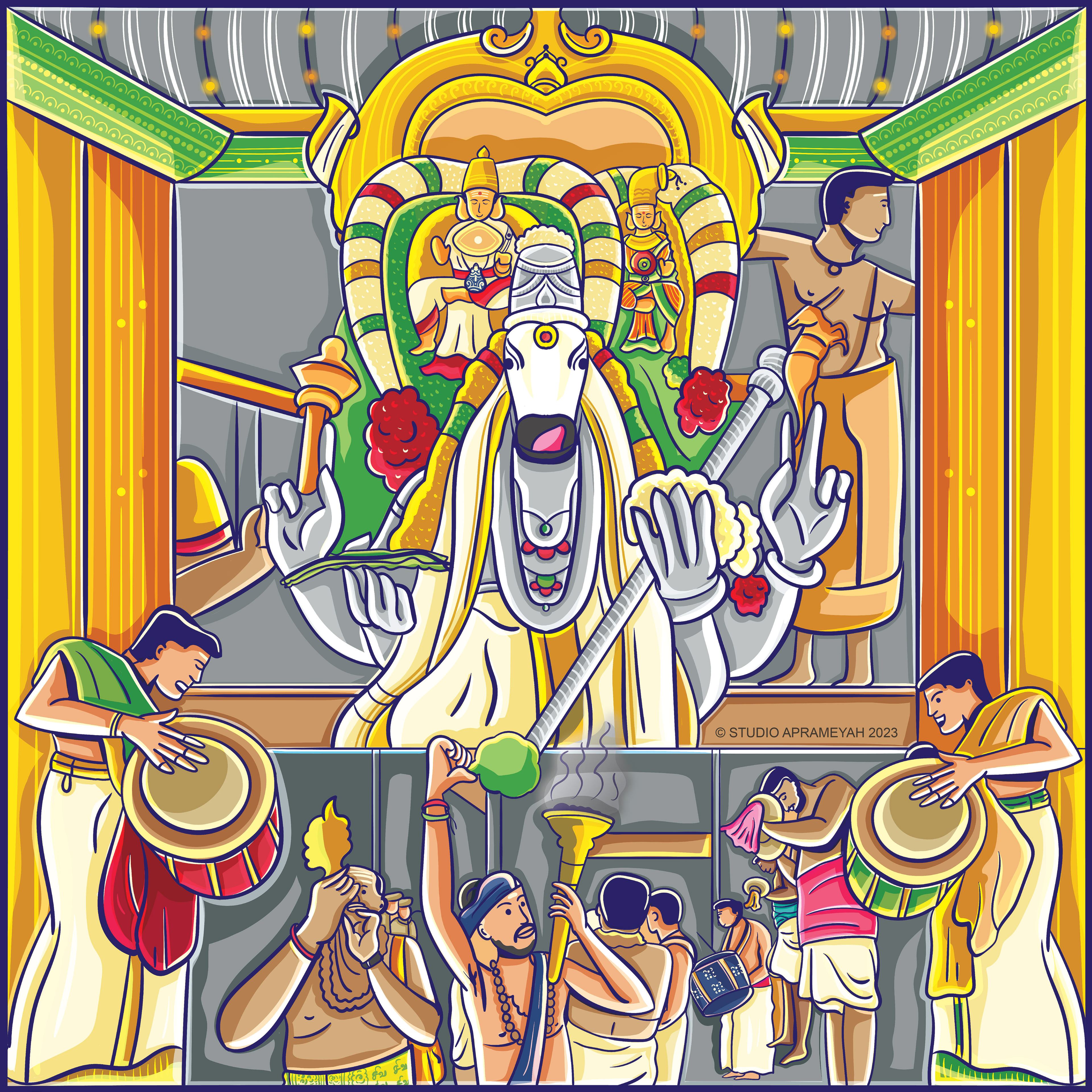 Regional temple festival comic style illustrations: Scene 7: Deity on a bull vahana with drummers