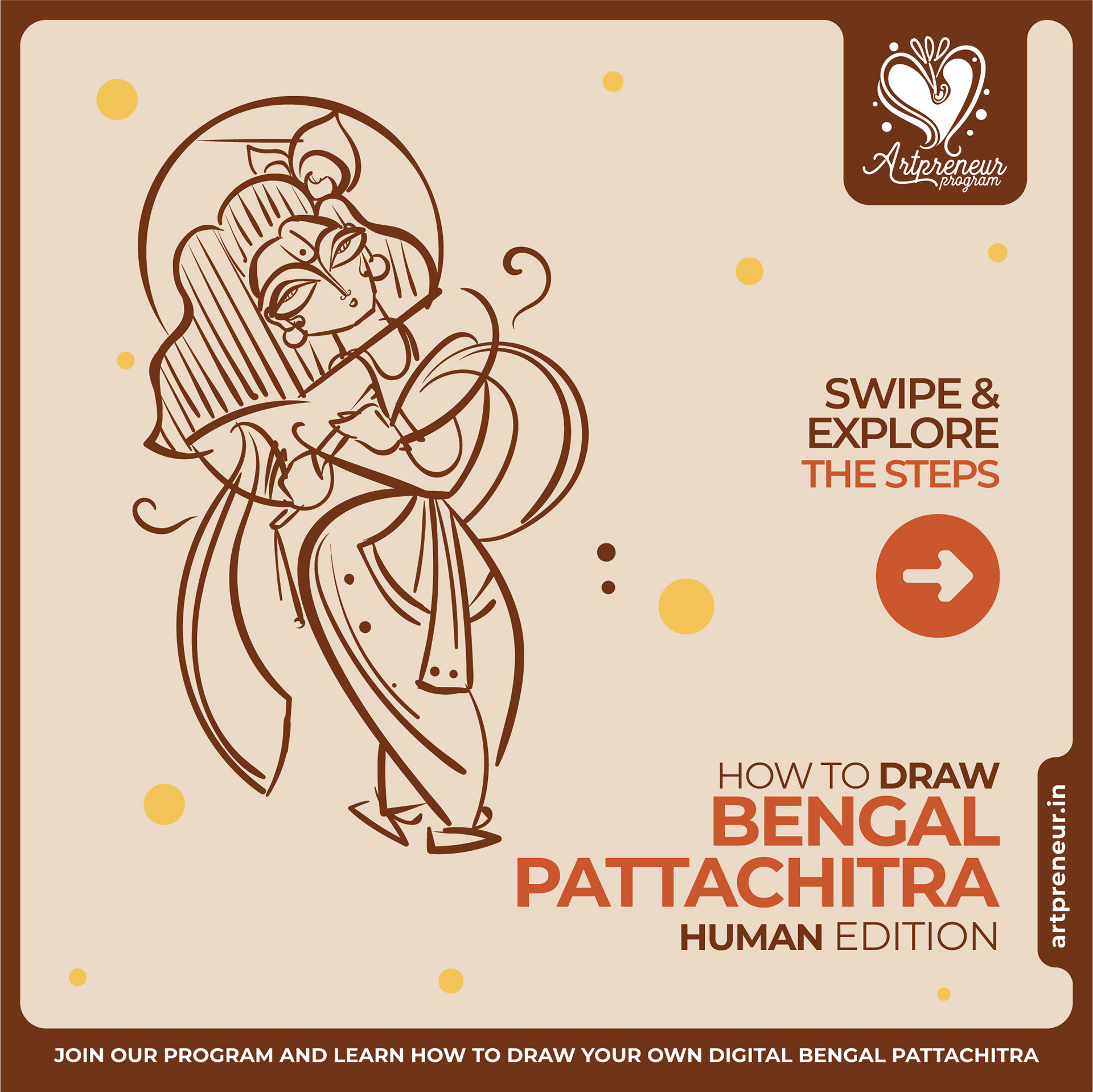 50 Bengal Pattachitra Indian folk illustrations: #47 "How to draw" dancer outline