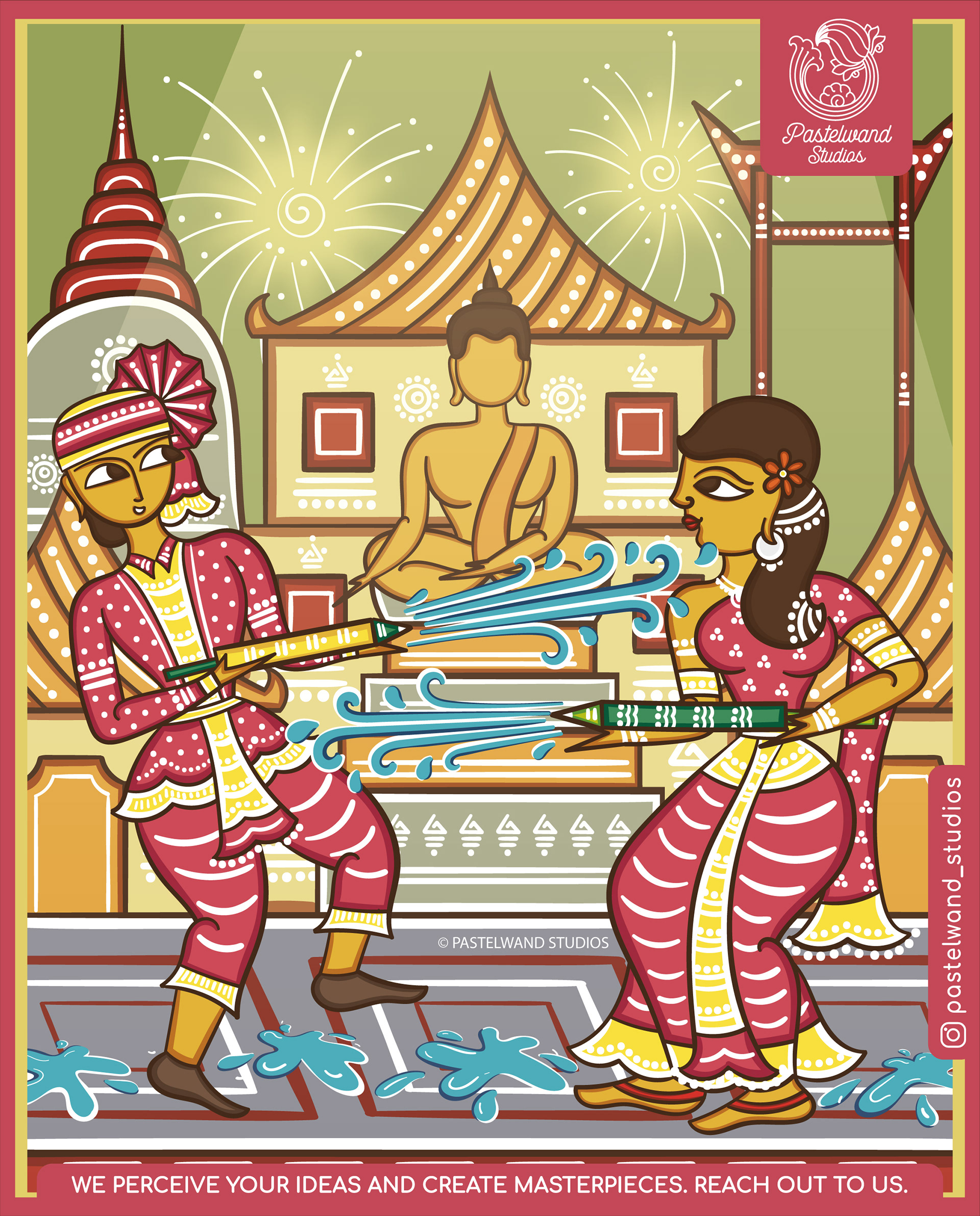 International festivals in Bengal Pattachitra style: Songkran water festival in Thailand