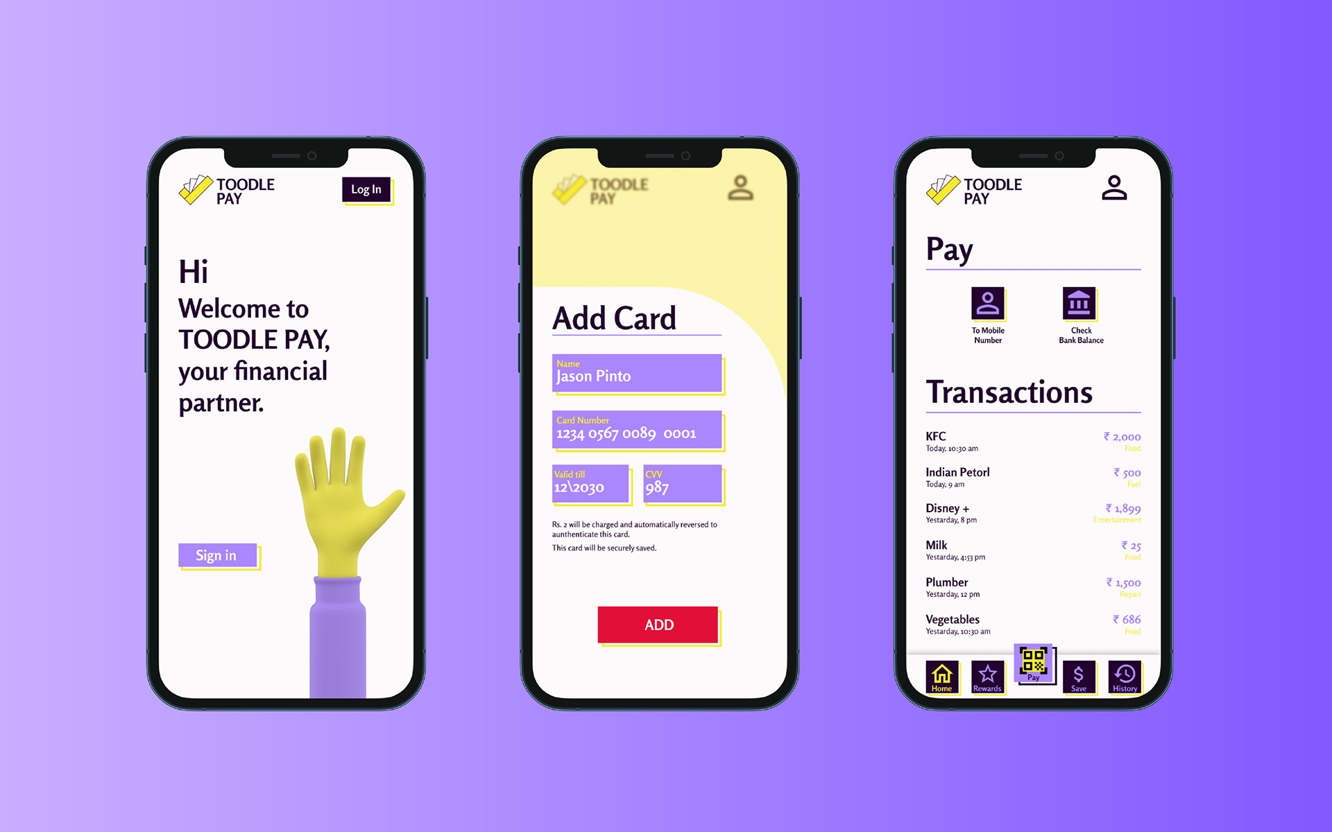 Toodle Pay savings app branding: three mobile app screens