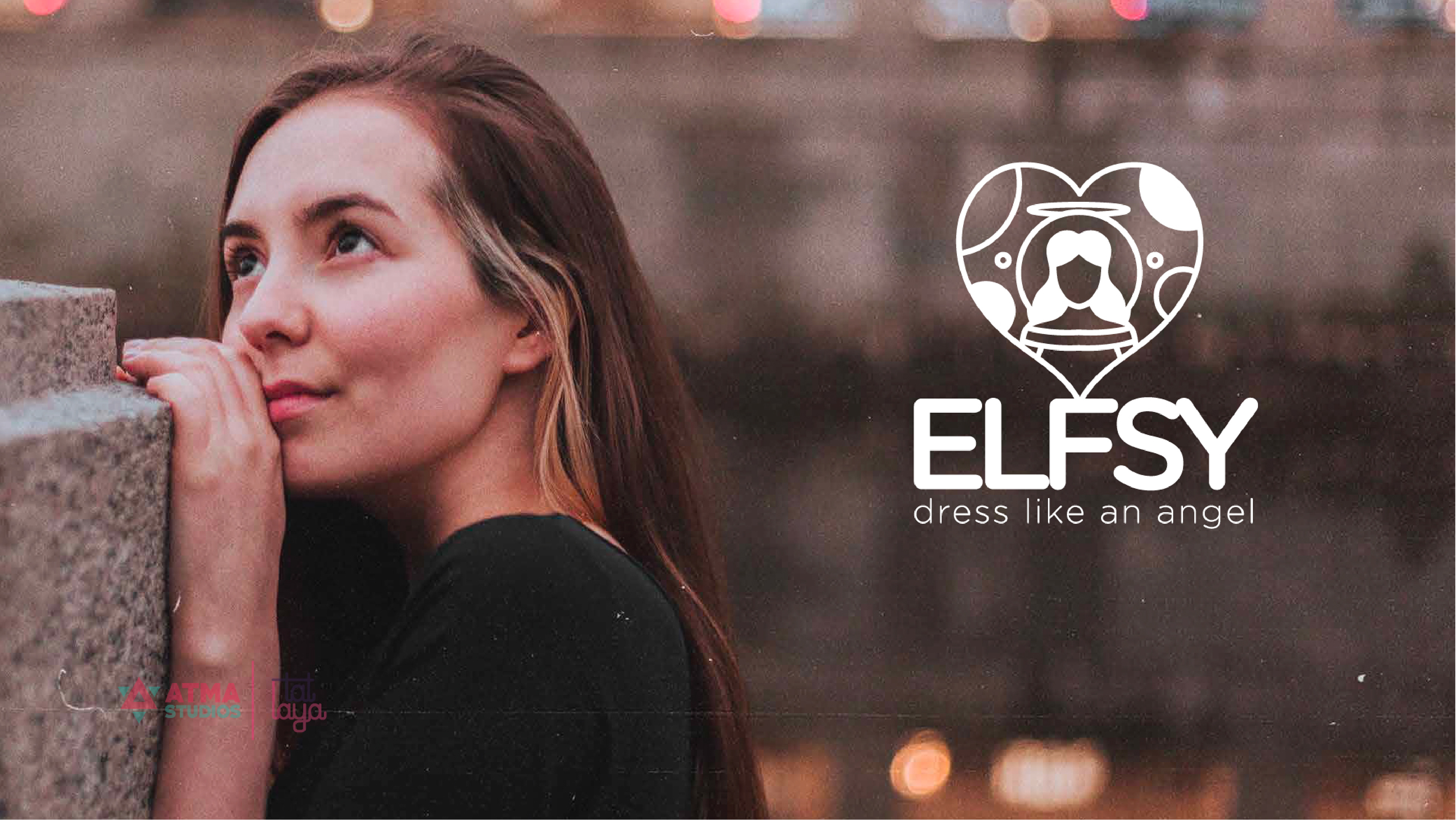 Elfsy girls clothing brand: logo option 3 in white over a photo of a woman