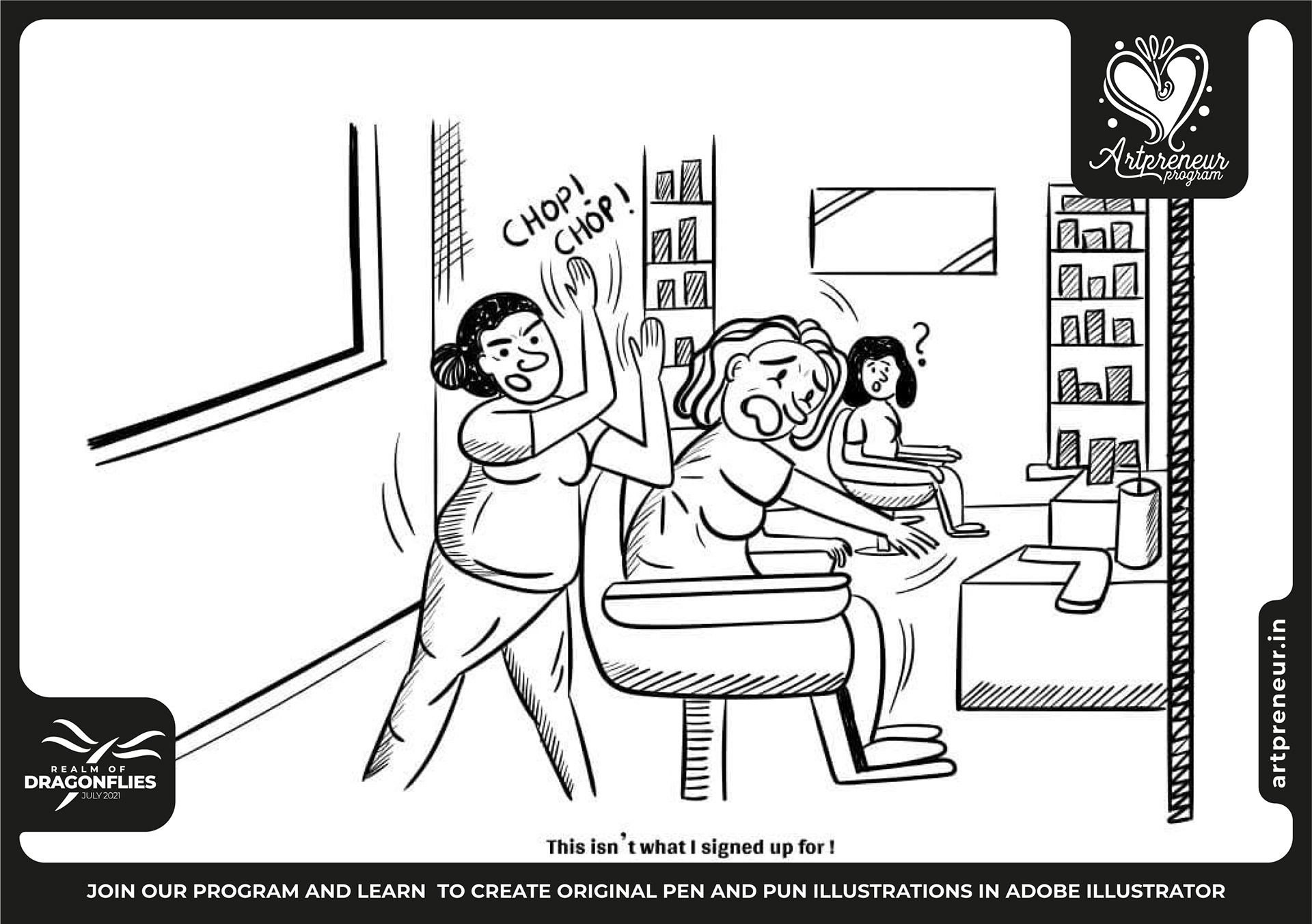 30 pen and pun comic cartoon illustrations: #13 Woman cleaning the kitchen