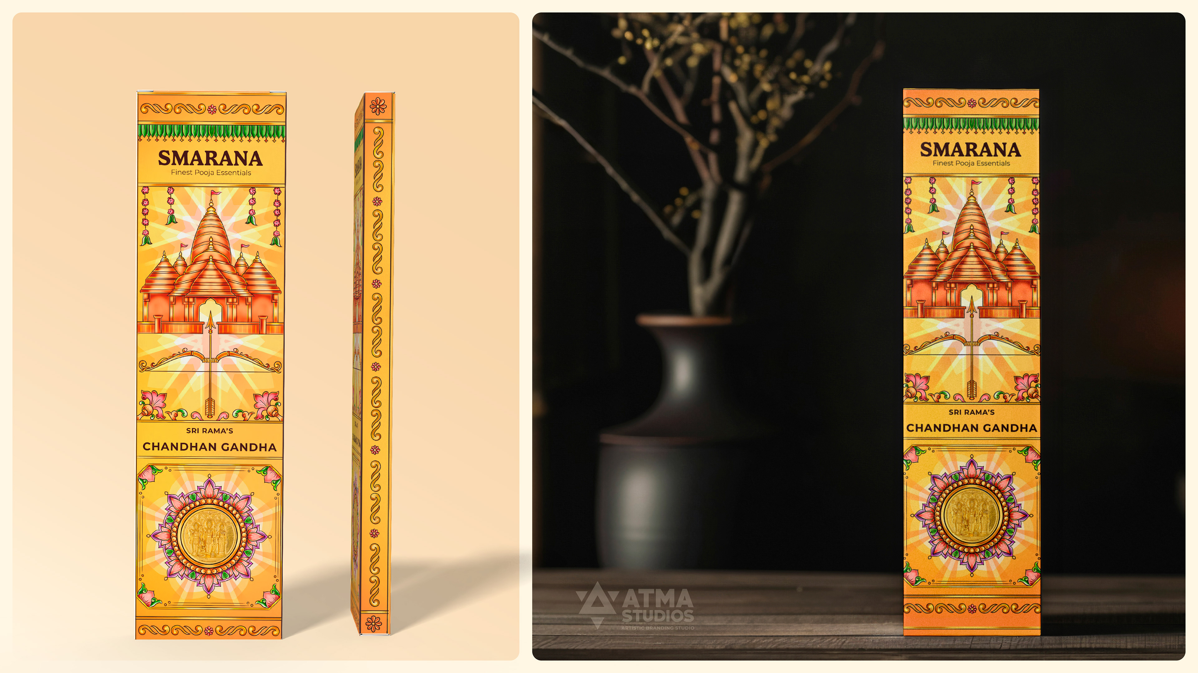Smarana Lord Rama series incense packaging: incense box 02 in yellow beside a black vase