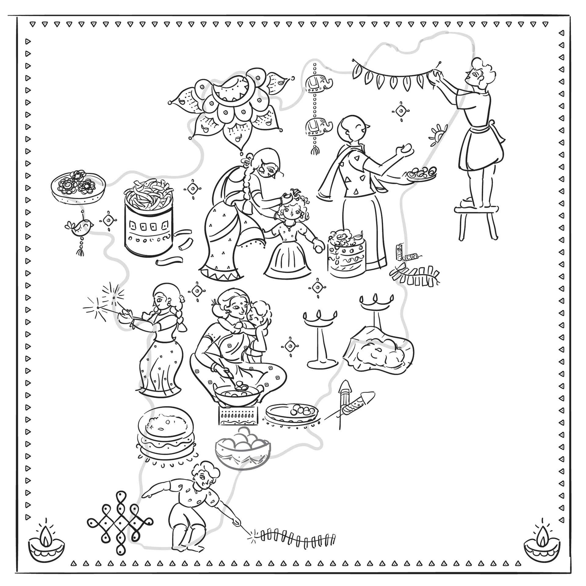 Sweet Kadai Diwali package illustration: full map composition in line art