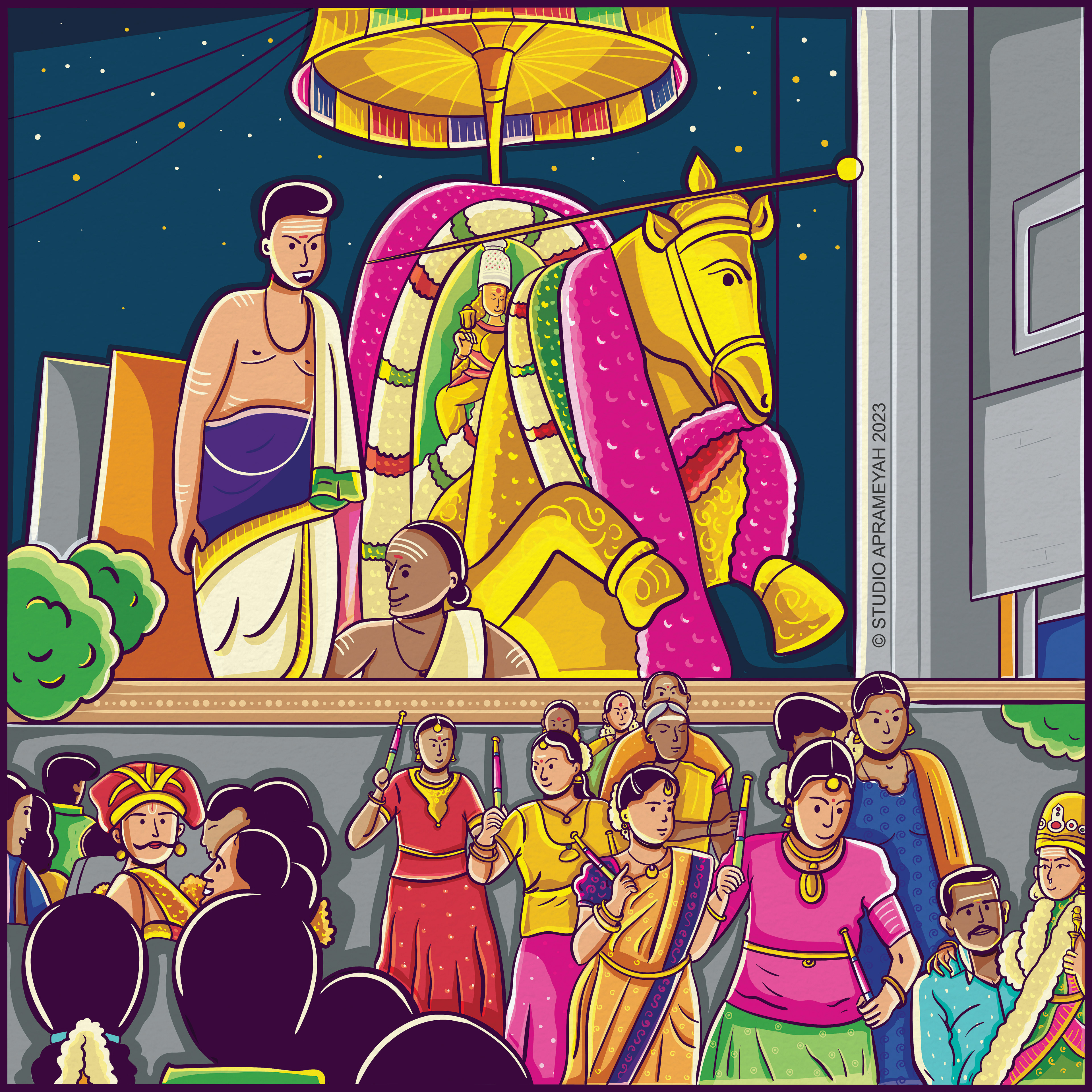 Regional temple festival comic style illustrations: Scene 5: Deity on a horse vahana with crowds