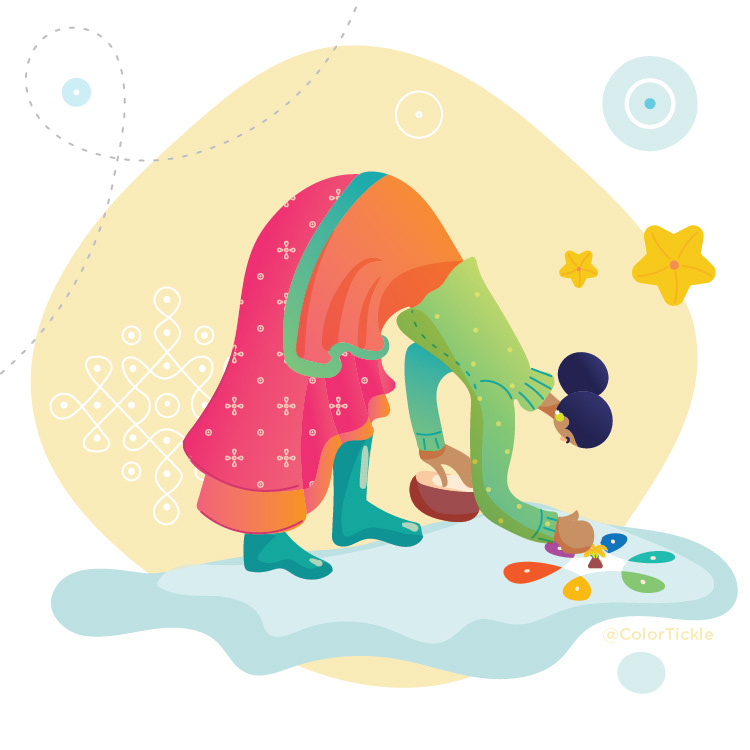 Winter in Chennai illustration series: woman drawing a kolam with coloured powder