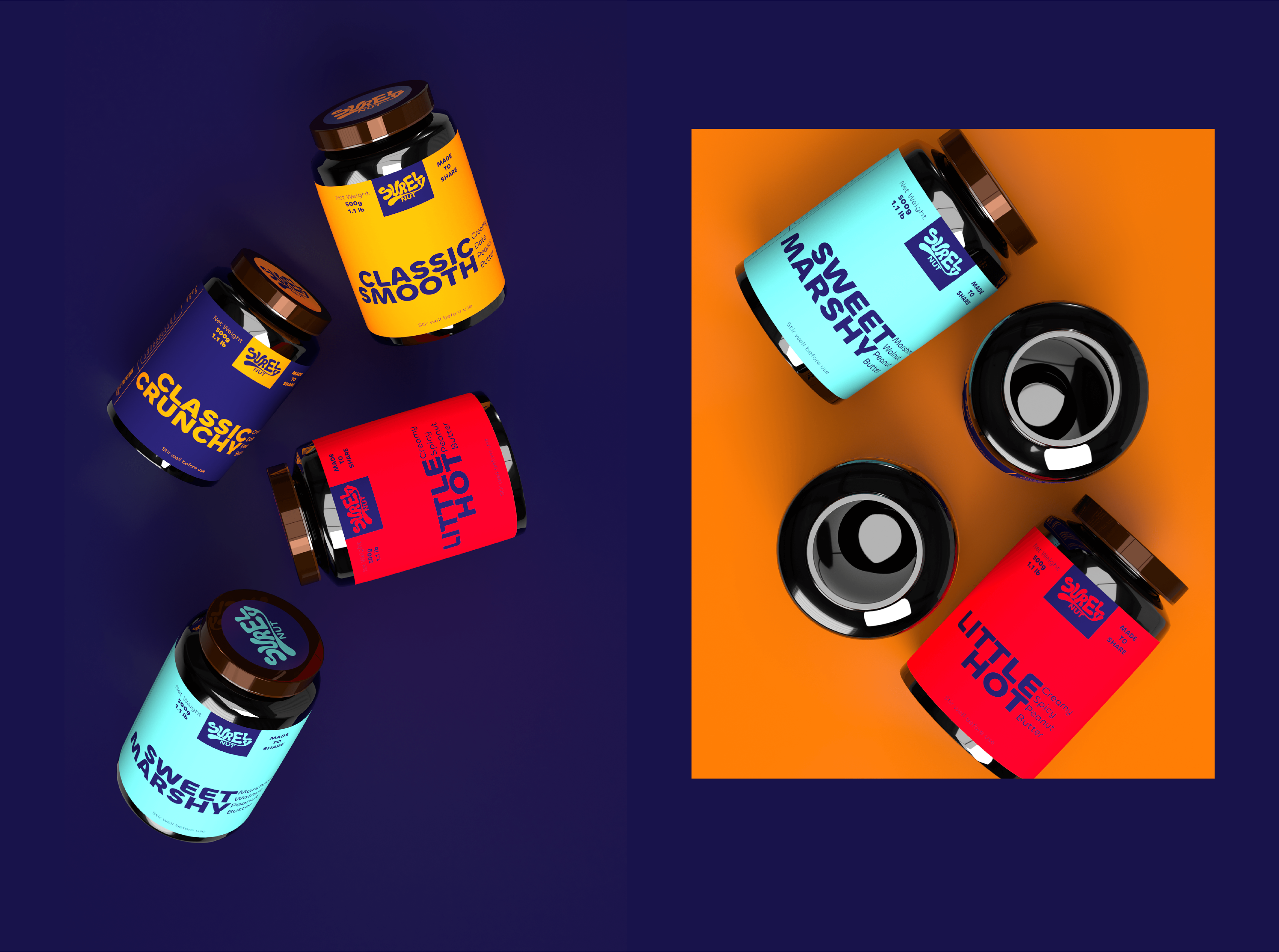 Surely Nut nut butter branding and packaging: jar flat lay on navy and orange