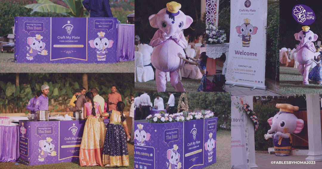 Craft My Plate catering app logo and mascot design: event photos of the mascot costume and branded stalls